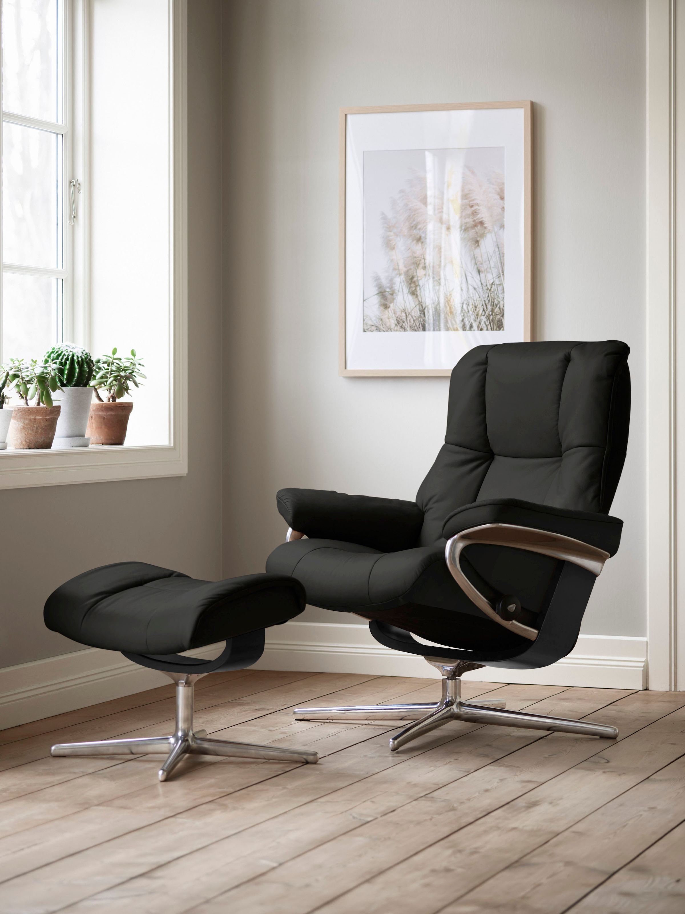 Stressless Relaxsessel "Mayfair" Set, Relaxsessel mit Hocker, mit Hocker, mit Cross Base, Größe S, M & L, Holzakzent Schwarz