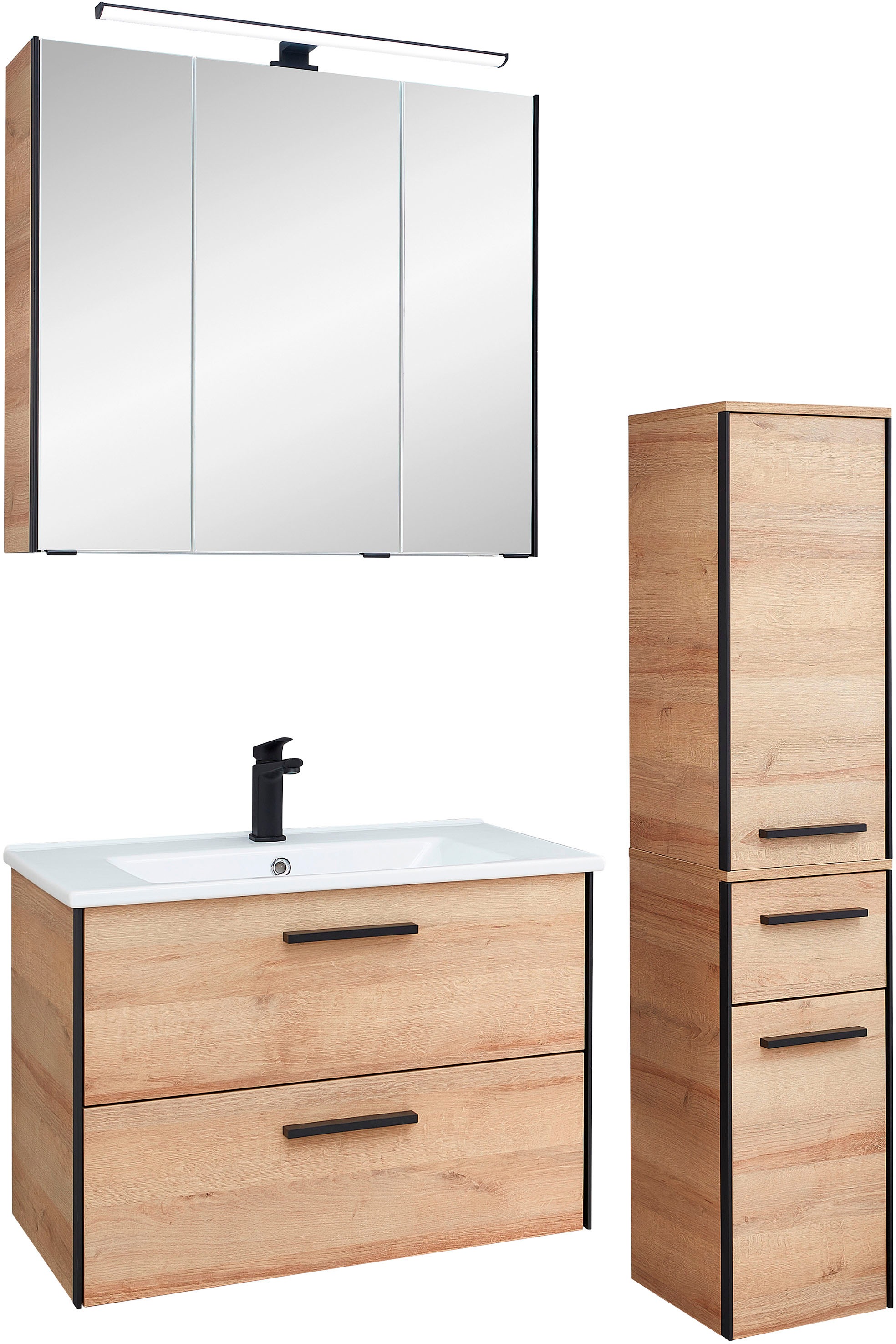 Saphir Badmöbel-Set »Quickset 395 3-teilig, Keramikwaschtisch mit LED-Spiegelschrank«, (5 St.), Midischrank, inkl. Türdämpfer, 5 Türen, 3 Schubladen, Bad-Set