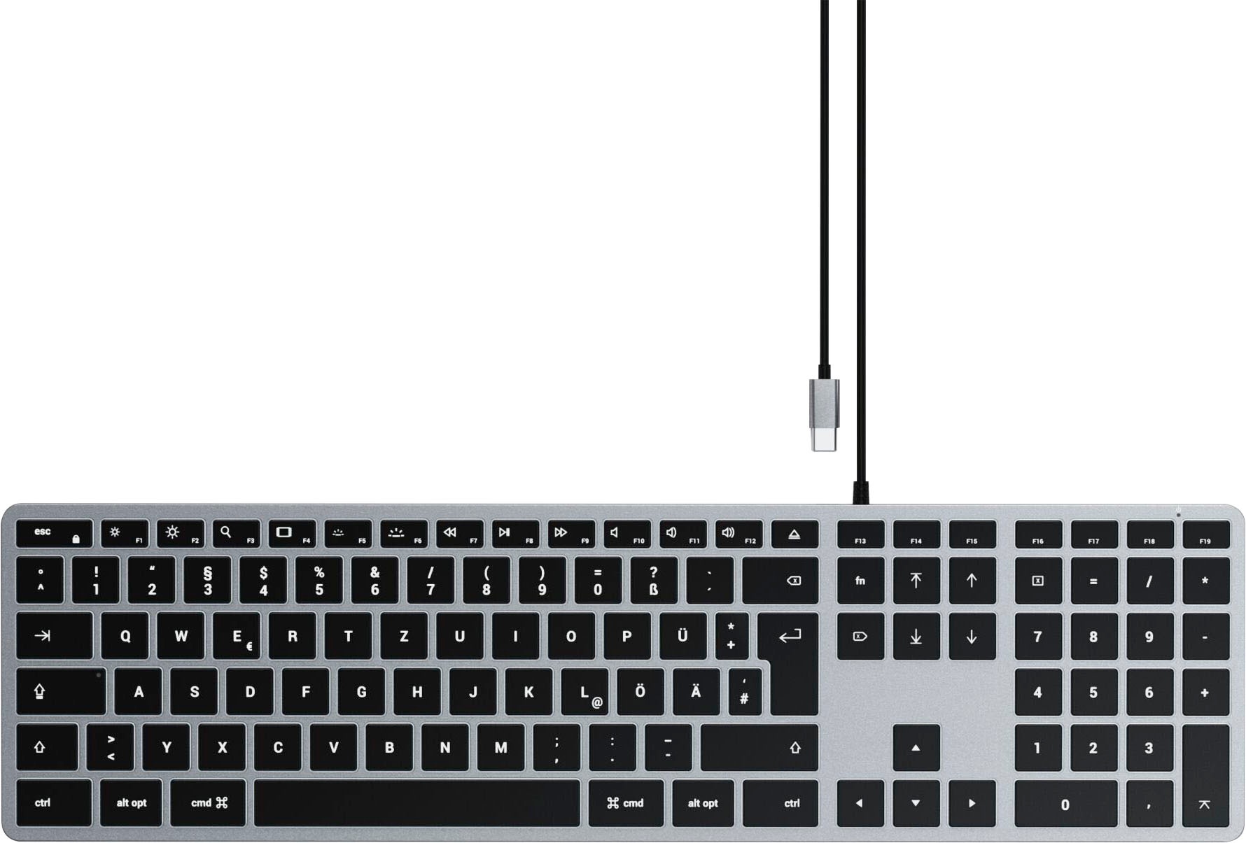 Satechi Tastatur »Slim W3 USB-C Wired Keyboard-DE (German)«, (Funktionstasten-Lautstärkeregler-Multimedia-Tasten-USB-Anschluss-Ziffernblock-iOS Sondertasten)