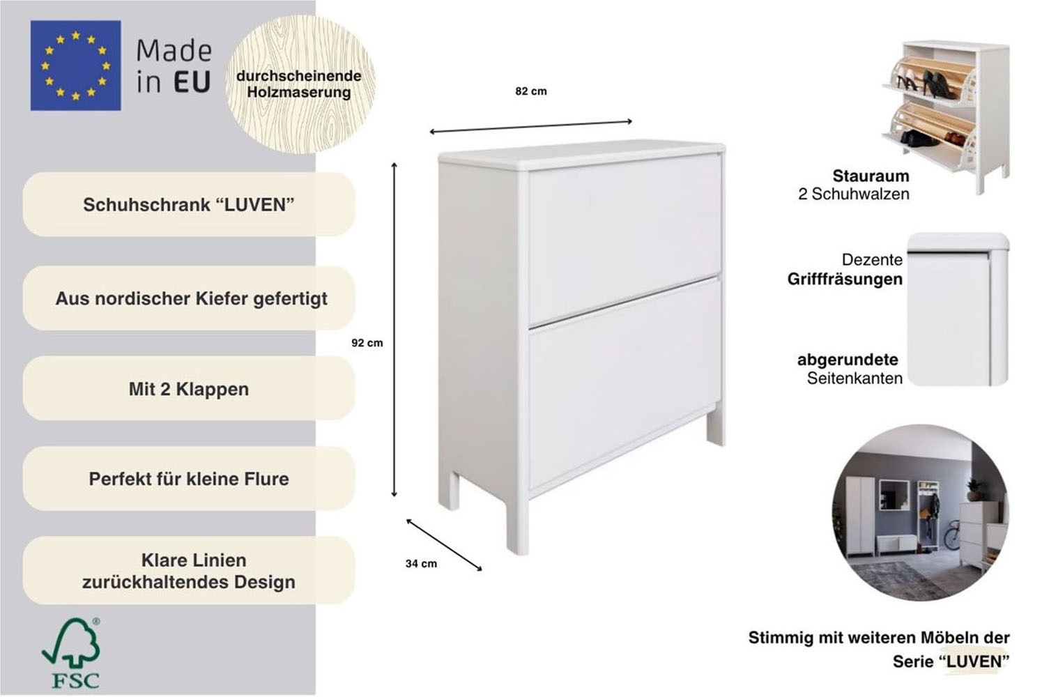 Home affaire Schuhschrank »Luven« FSC® zertifiziertes Massivholz, mit 2 Klappen