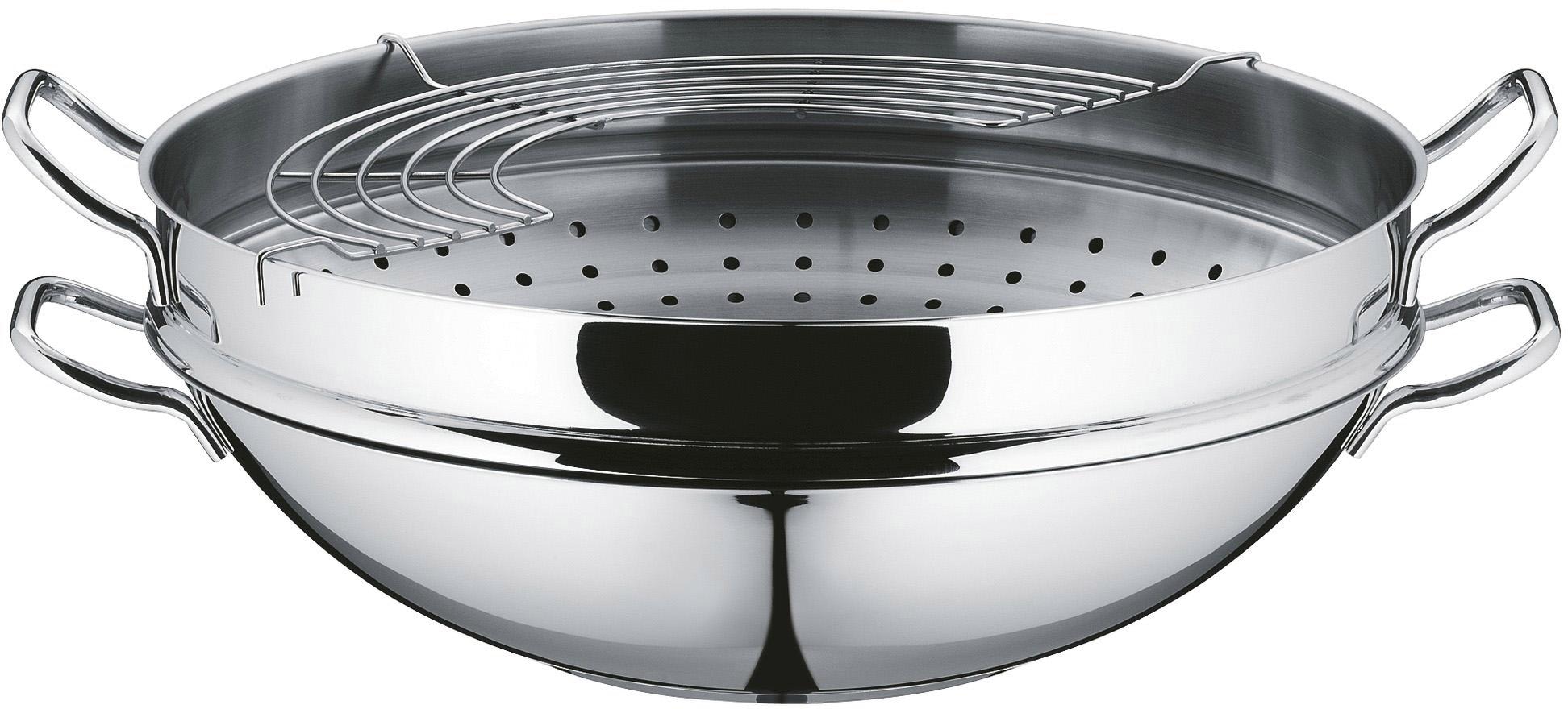 WMF Wok »Wokpfanne Macao 36 cm, Induktion«, Cromargan® Edelstahl Rostfrei 18/10, (Set, 4 tlg., 1 x Wok mit Glasdeckel, Dämpfeinsatz, Rezeptheft), für alle Herdarten geeignet, scharfes Anbraten bei hohen Temperaturen