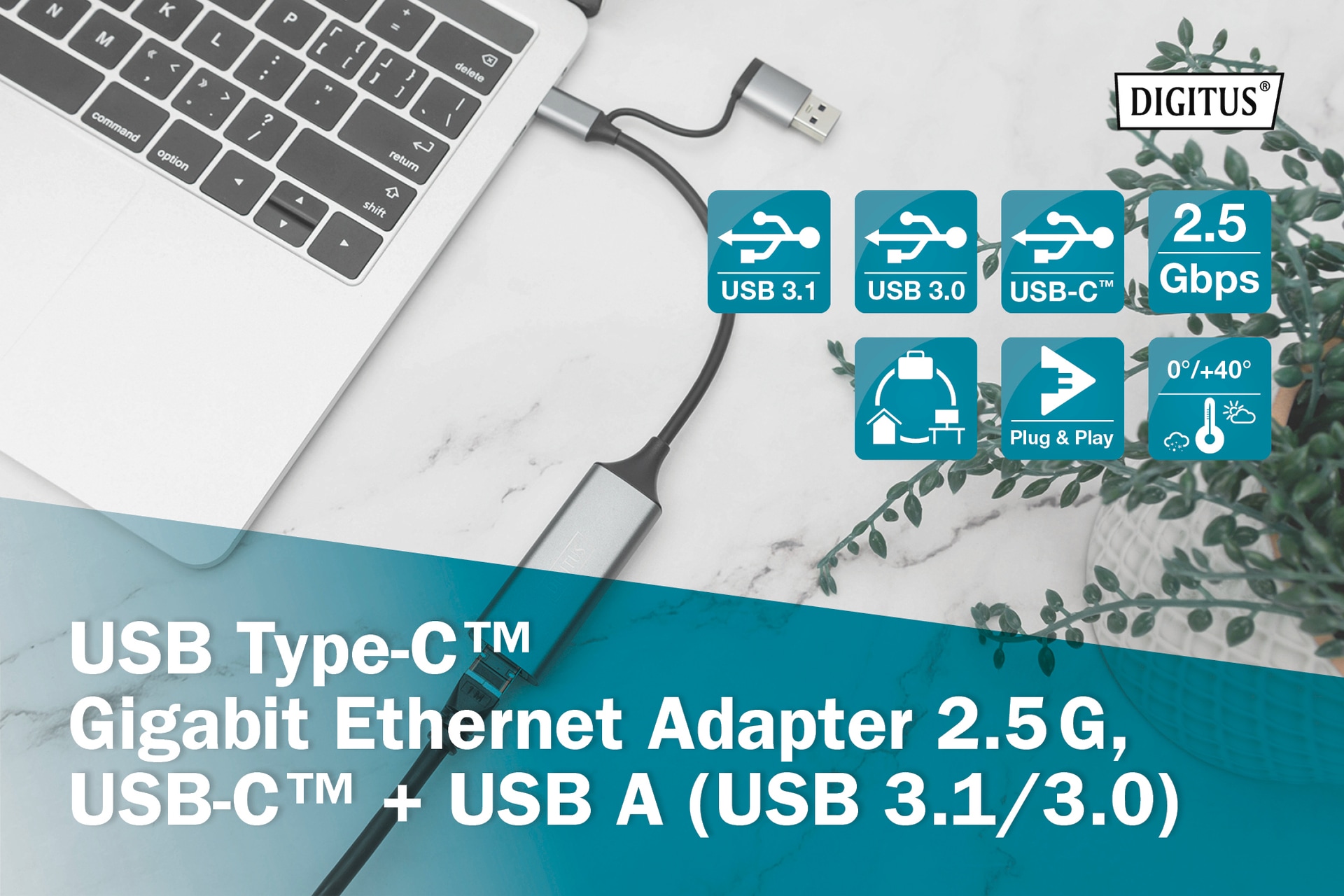 Digitus Netzwerk-Adapter »USB-C Gigabit Ethernet Adapter 2.5G, USB-C + USB A«, 15 cm