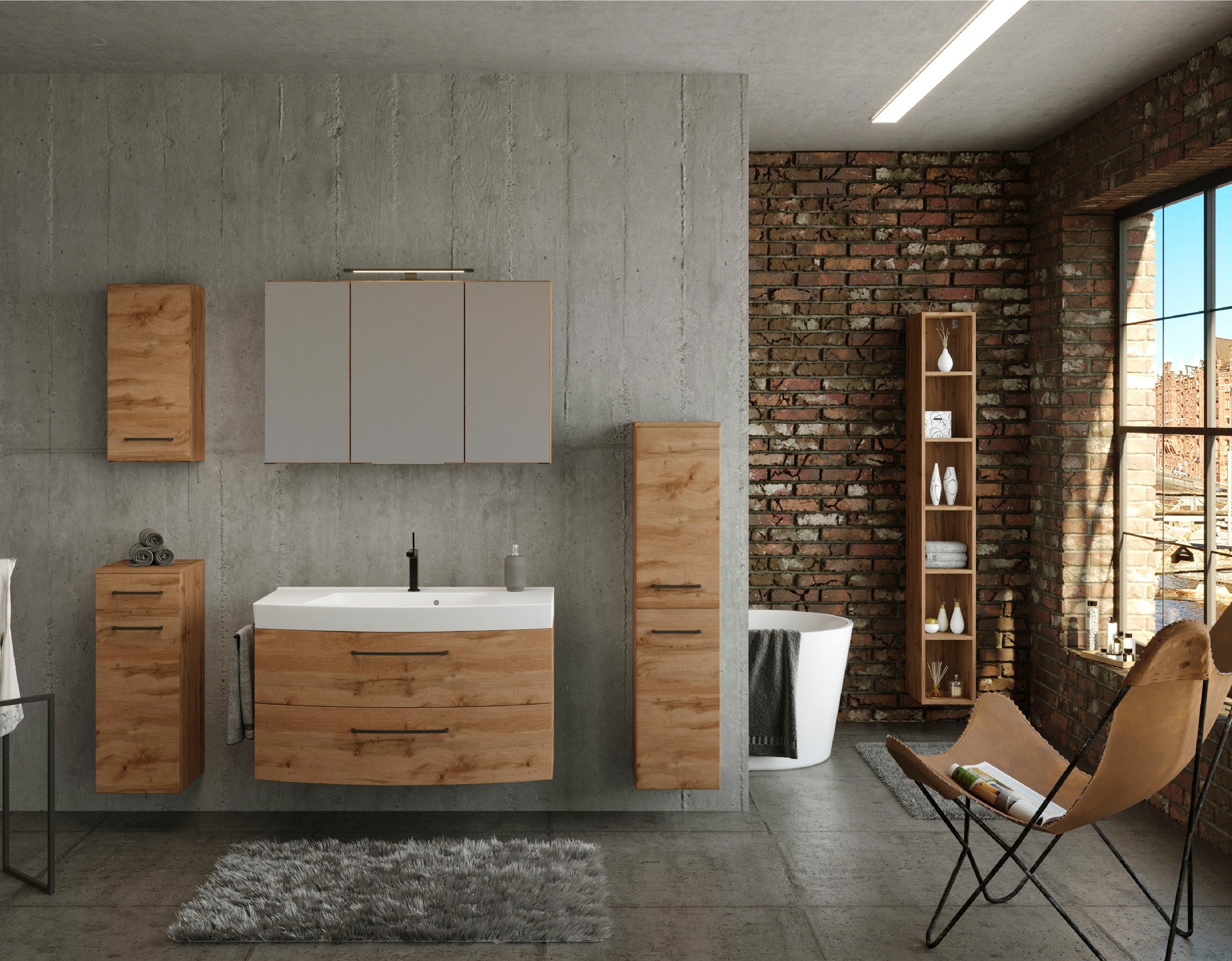 welltime Badmöbel-Set »Chicago«, (3 St., Spiegelschrank, Waschtisch, Midischrank), mit Mineralgussbecken