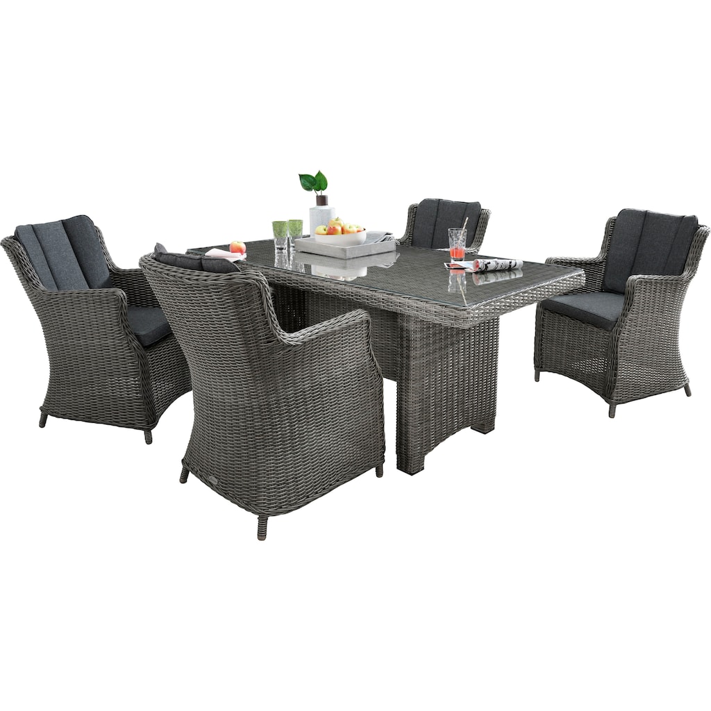 Destiny Garten-Essgruppe »LUNA«, (Set, 13 tlg.), Polyrattan, 4 Sessel, Tisch 165x90x75 cm, inkl. Auflagen