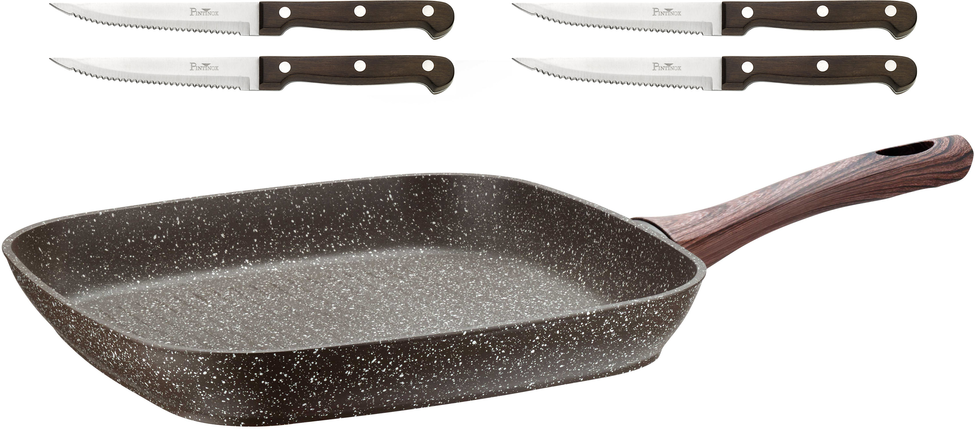 PINTINOX Grillpfanne "Chalet" Aluminium Set, 5 Stk. tlg. 28x28 cm, Induktionsgeeignet, inkl. 4 Steakmesser