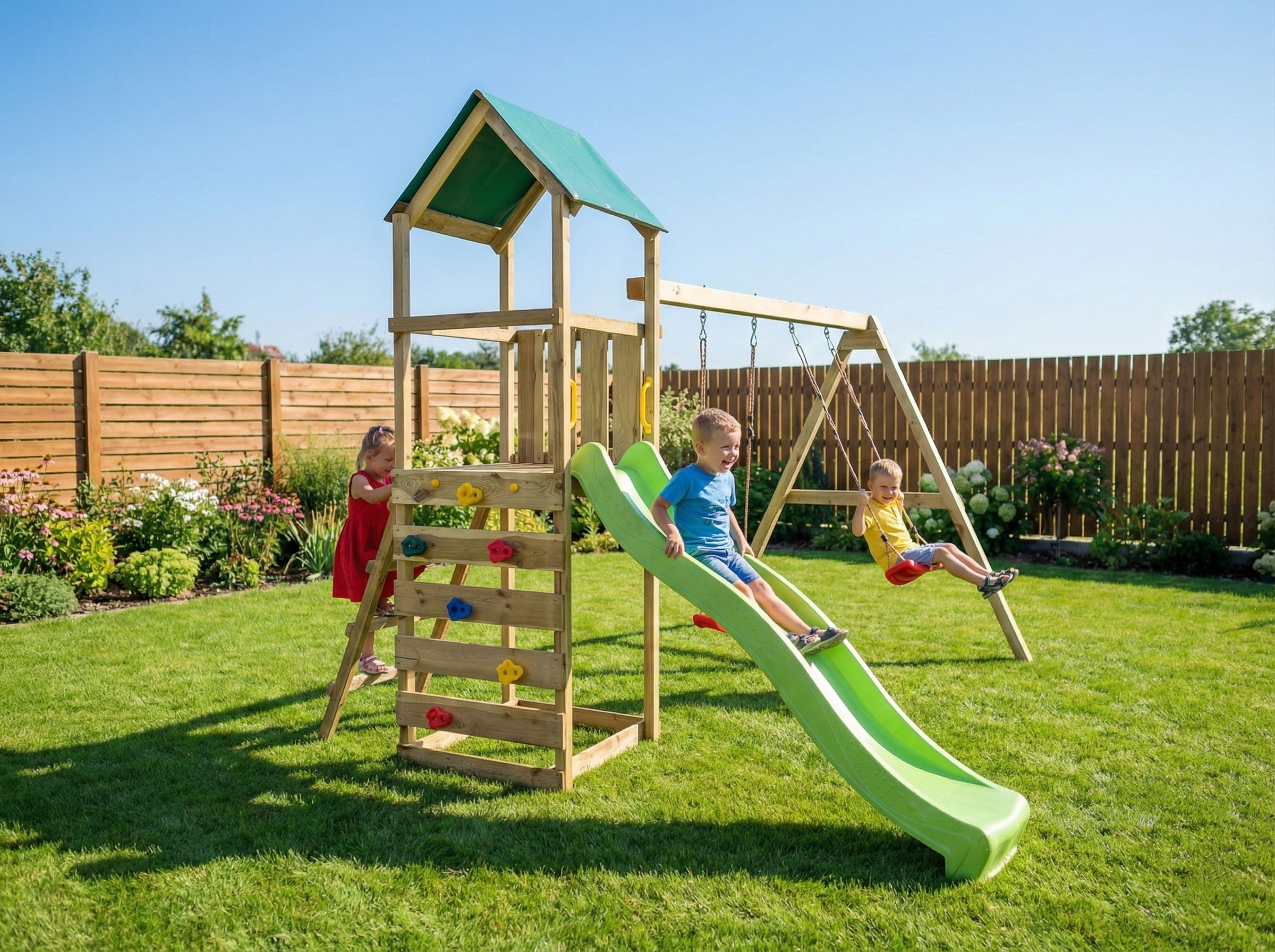 FUNGOO Spielturm »MaxPlay 2.1« mit Rutsche, Doppelschaukel und Kletterwand