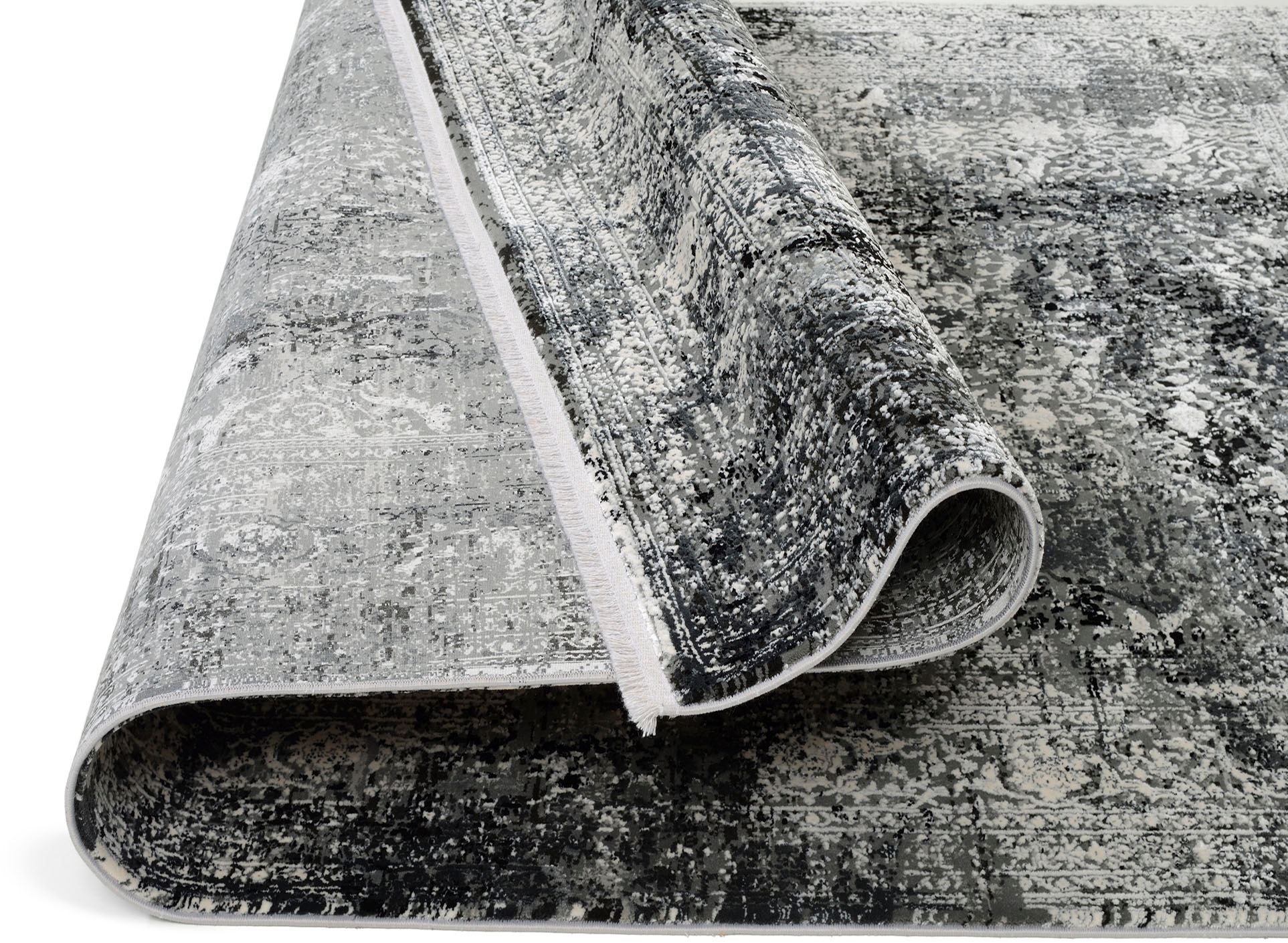 Läufer OCI DIE TEPPICHMARKE "BESTELLER CAVA", grau (dunkelgrau), B:80cm H:8mm L:300cm, Viskose, Teppiche, Läufer, Glanz Viskose, mit Fransen, Hoch Tief Struktur, Vintage, Wohnzimmer 3
