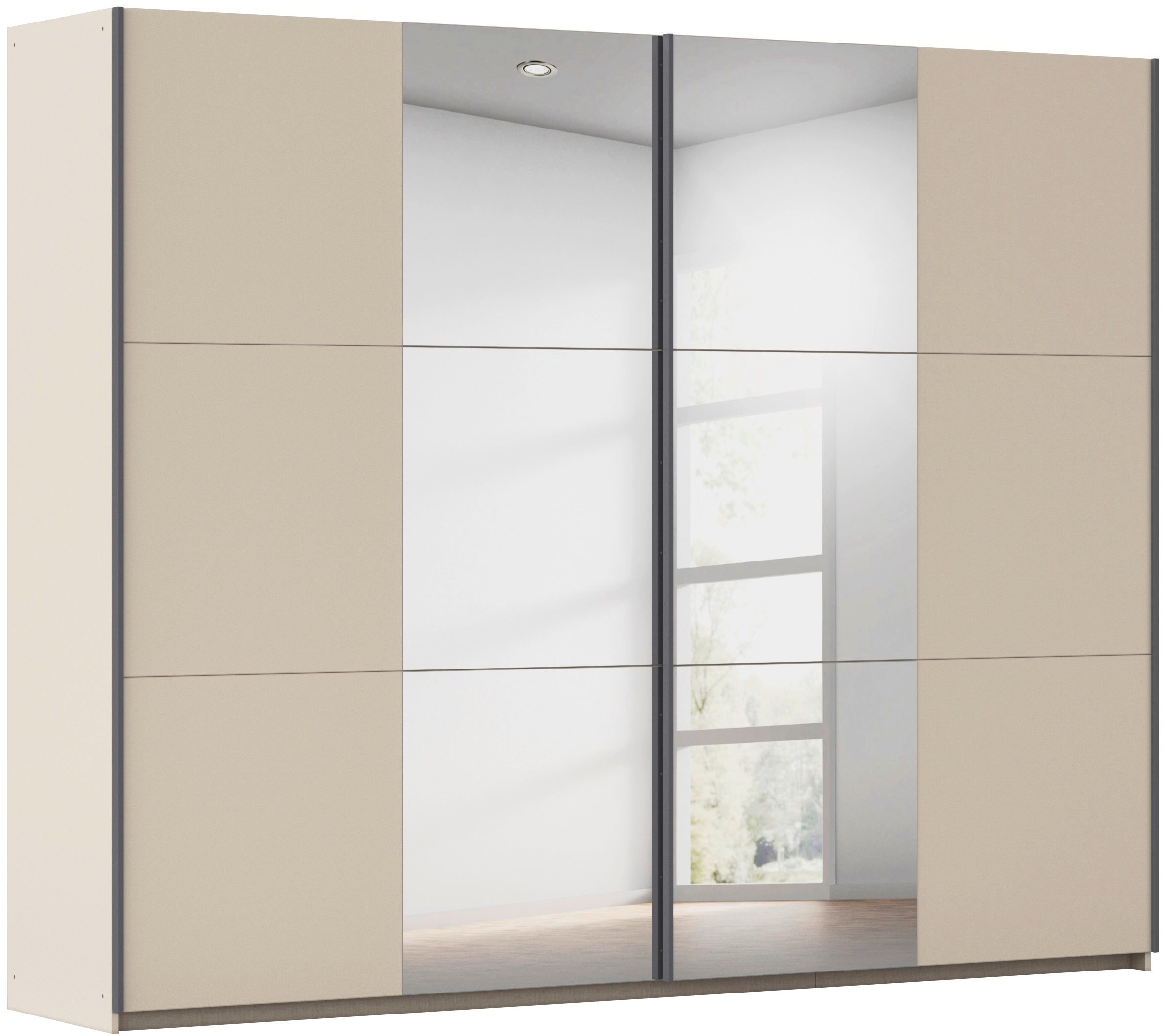 rauch Schwebetürenschrank "Kleiderschrank Drehtürenschrank Schrank Garderobe KRONACH" in 3 Ausstattungen BASIC/CLASSIC/PREMIUM, Breiten 131/175/218/261 cm, optional ohne, mit 1 oder 2 Spiegel, viel Stauraum MADE IN GERMANY