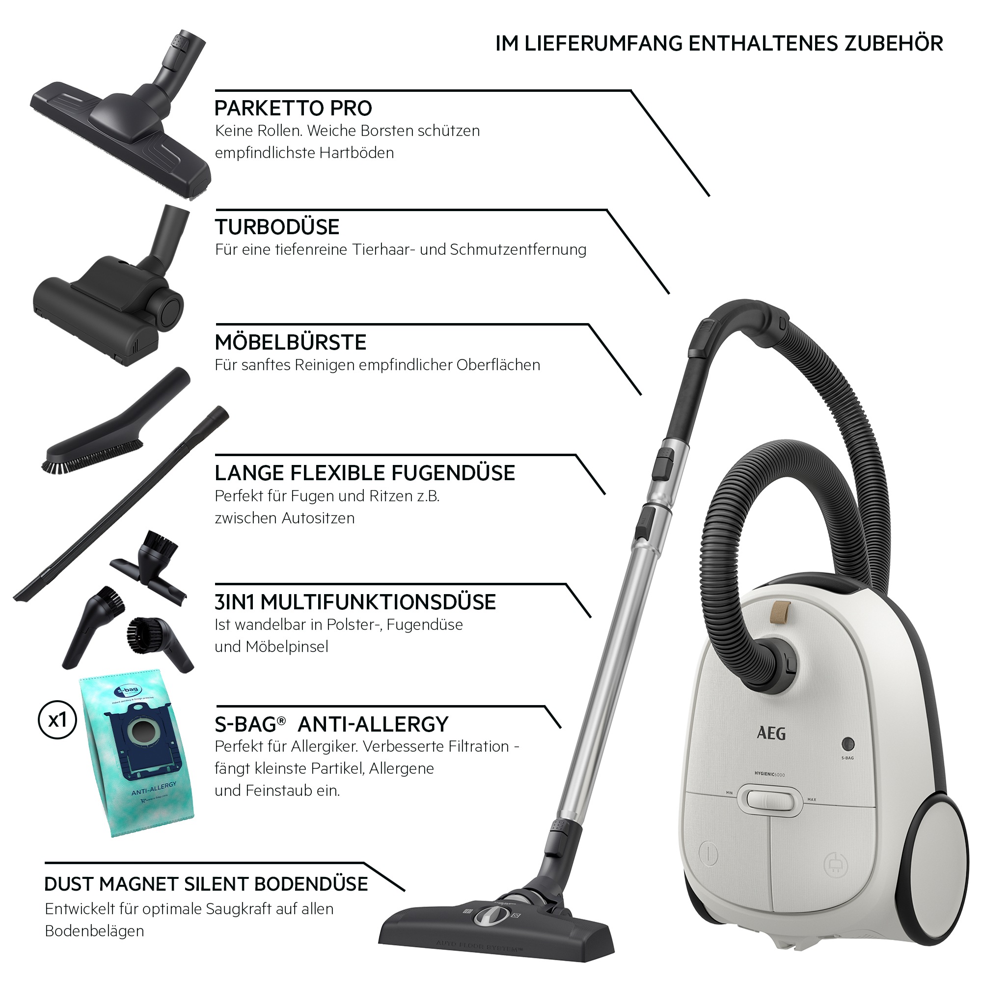 AEG Bodenstaubsauger "HYGIENIC 6000 (AB61H6SW)" 850 W mit Beutel hohe Saugl günstig online kaufen