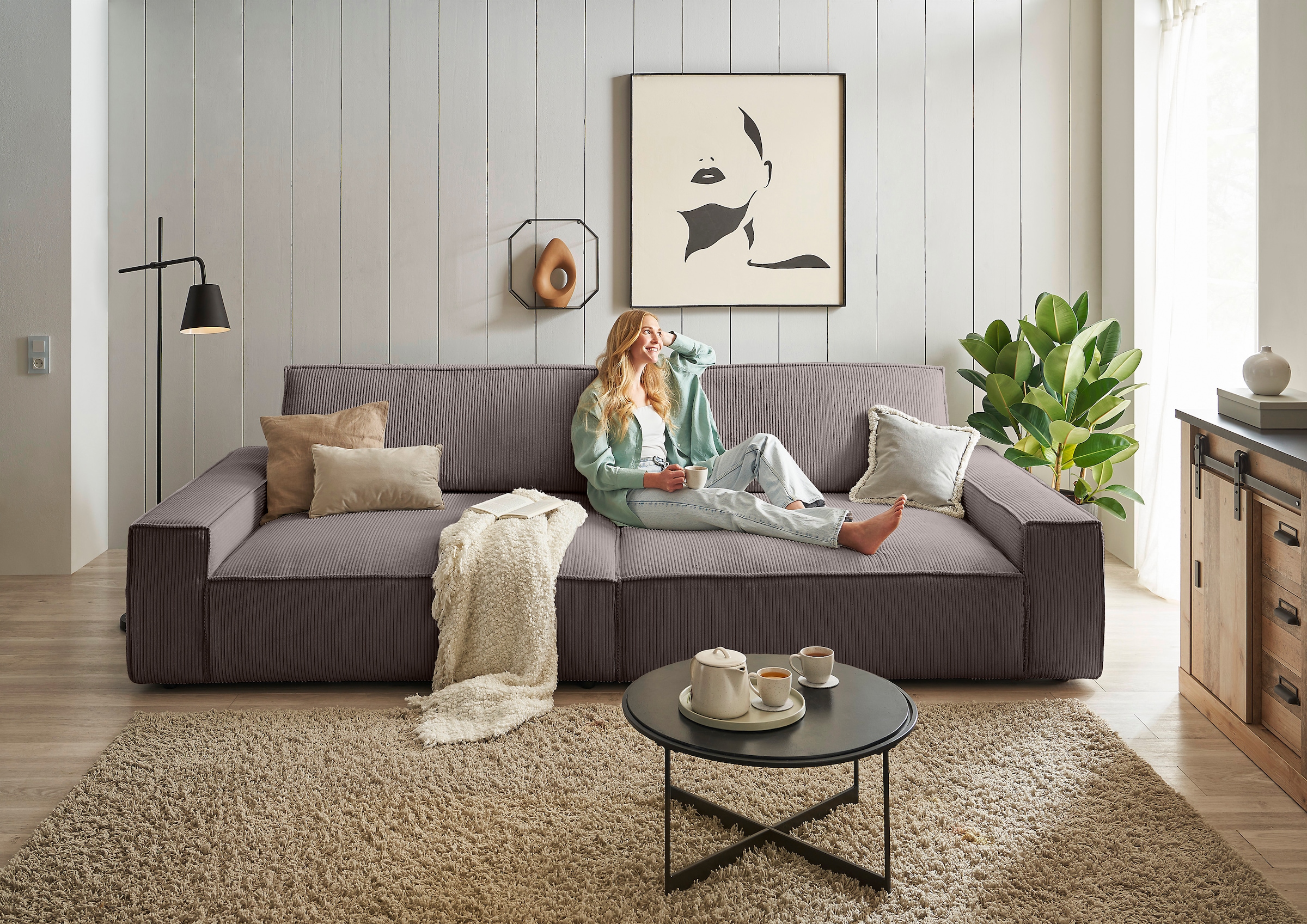 Home affaire Big-Sofa »NEU: SHERWOOD XXL, Big-Sofa (316cm), extra tiefe Sitzfläche 95 cm«, bequemer Sitzkomfort, Cord u. Leinenoptik, Kedernaht
