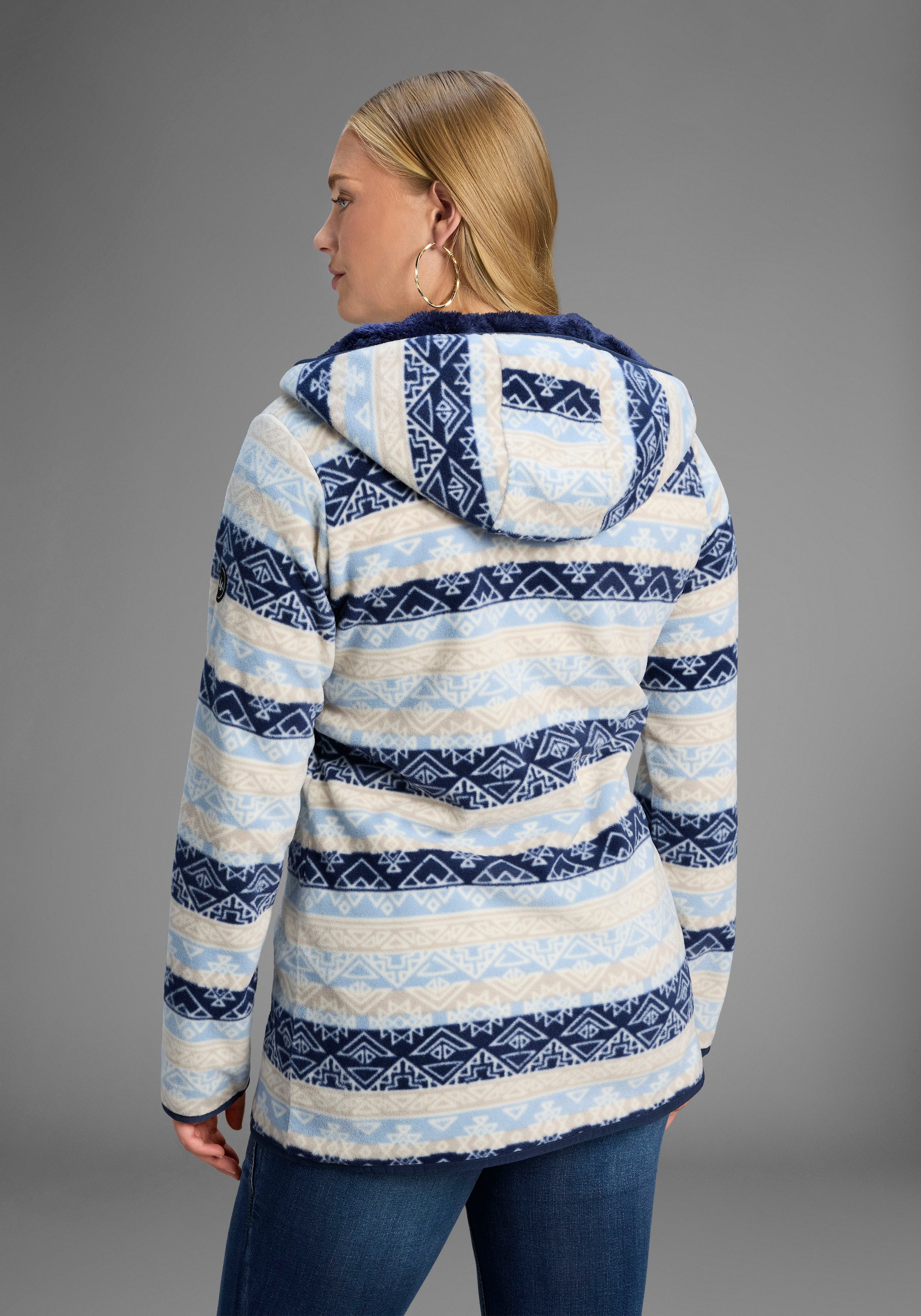 Polarino Fleecejacke, mit Kapuze, Fleecejacke mit Print und Fellimitat in Kapuze