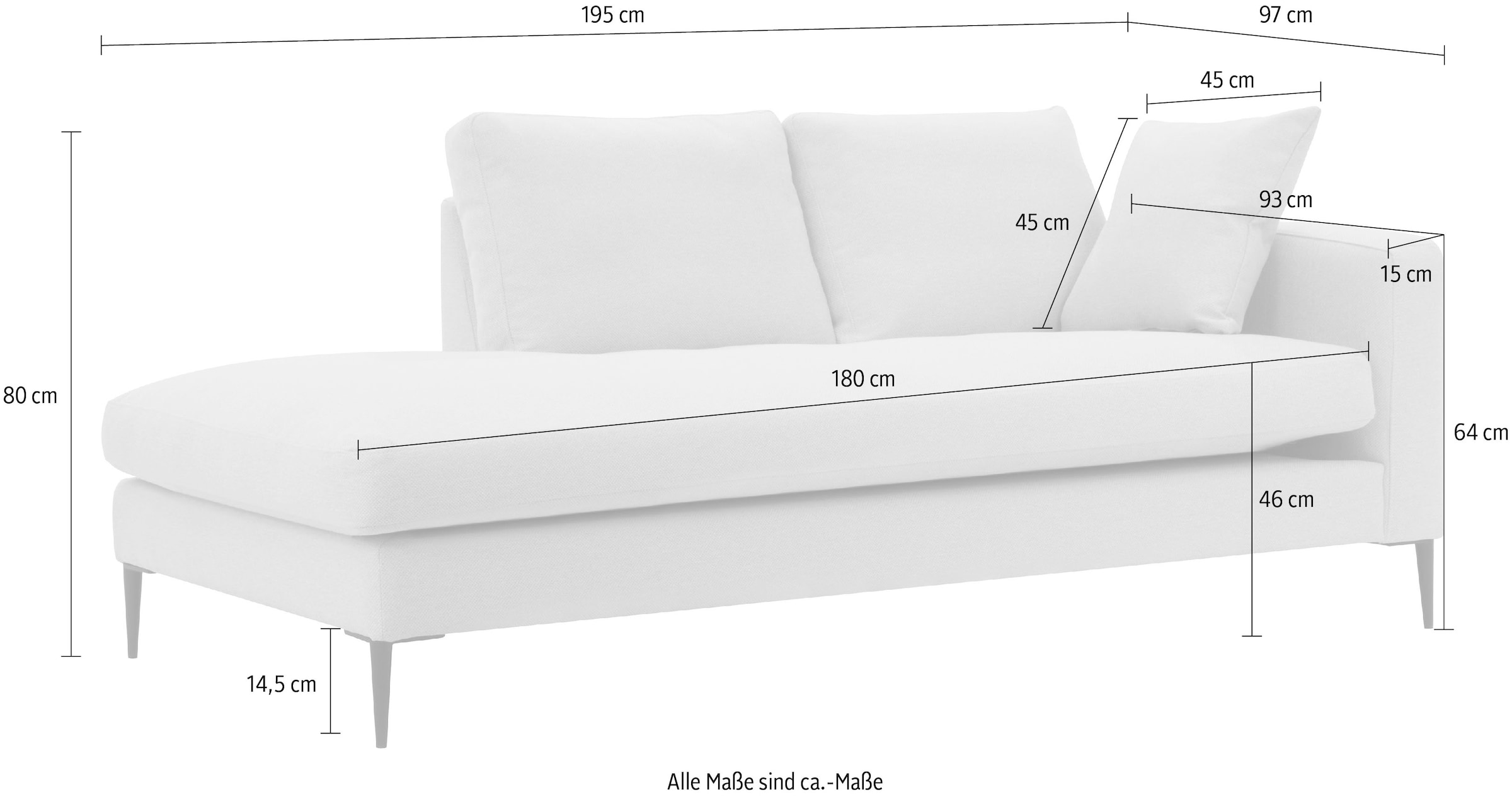 Leonique Recamiere »Cozy«, mit losen Kissen und Metallbeinen, Armlehne links oder rechts wählbar