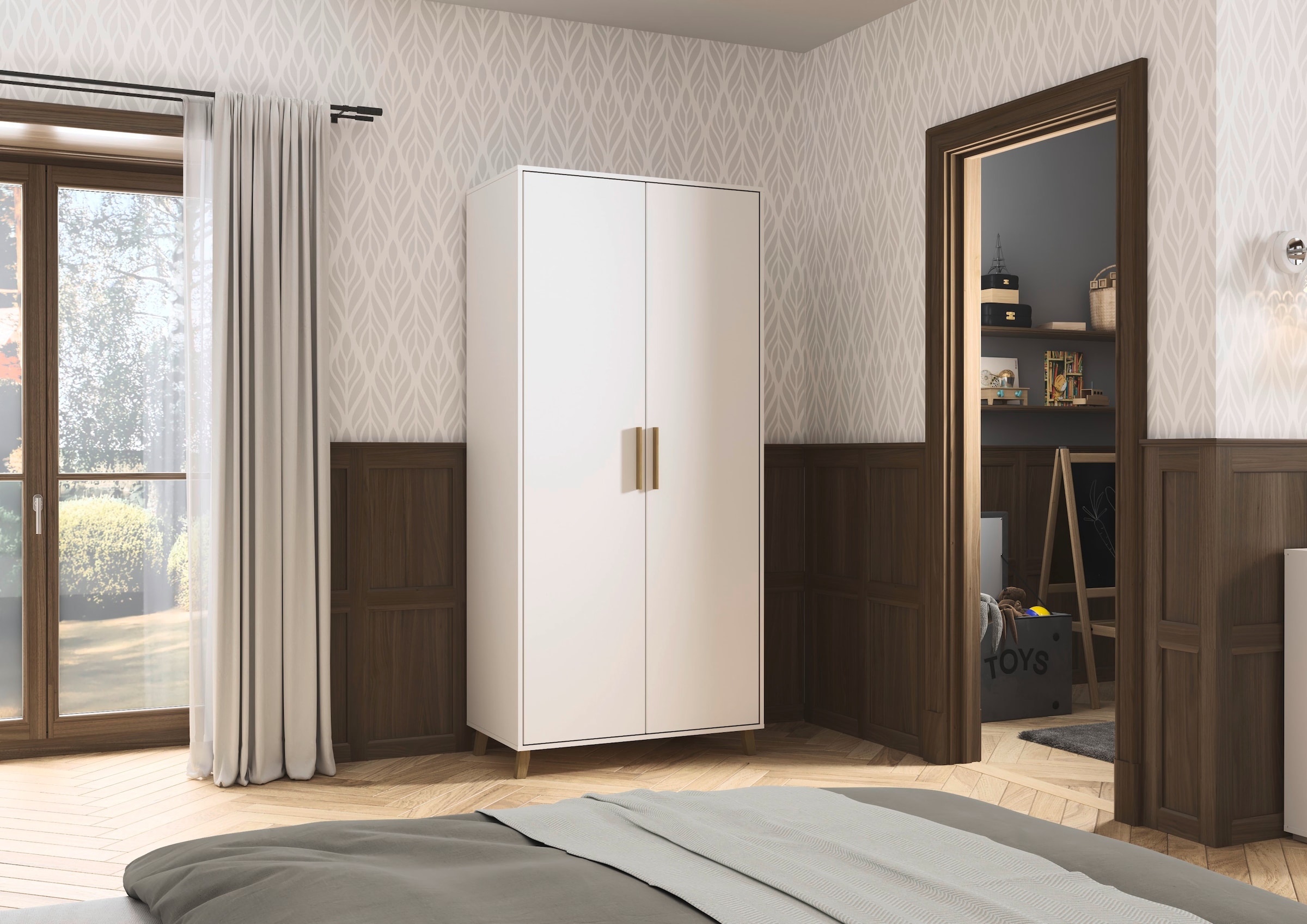 rauch Drehtürenschrank »Kleiderschrank Schrank Garderobe SHINJO Breiten 93/140/187 cm« in 3 verschiedenen Ausstattungen BASIC/CLASSIC/PREMIUM,  Griffe und Füße aus Massivholz mit 2 Schubladen MADE IN GERMANY