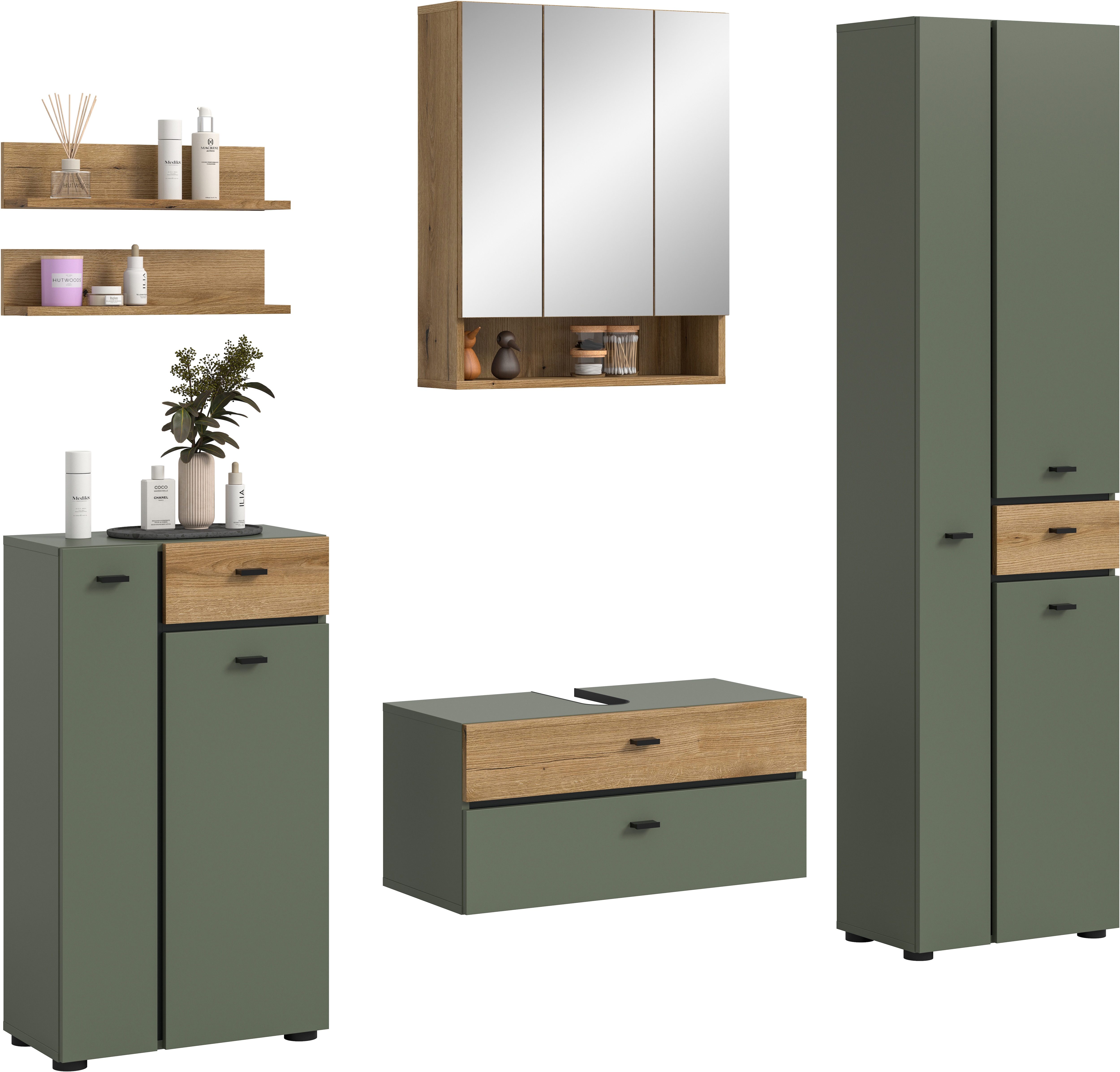 welltime Badmöbel-Set "VANN, 6-teilige moderne Badkombination, individuell stellbar" Midischrank, 2er Set Wandregal, WBU, Spiegelschrank, Hochschrank, 6 Stk. tlg.