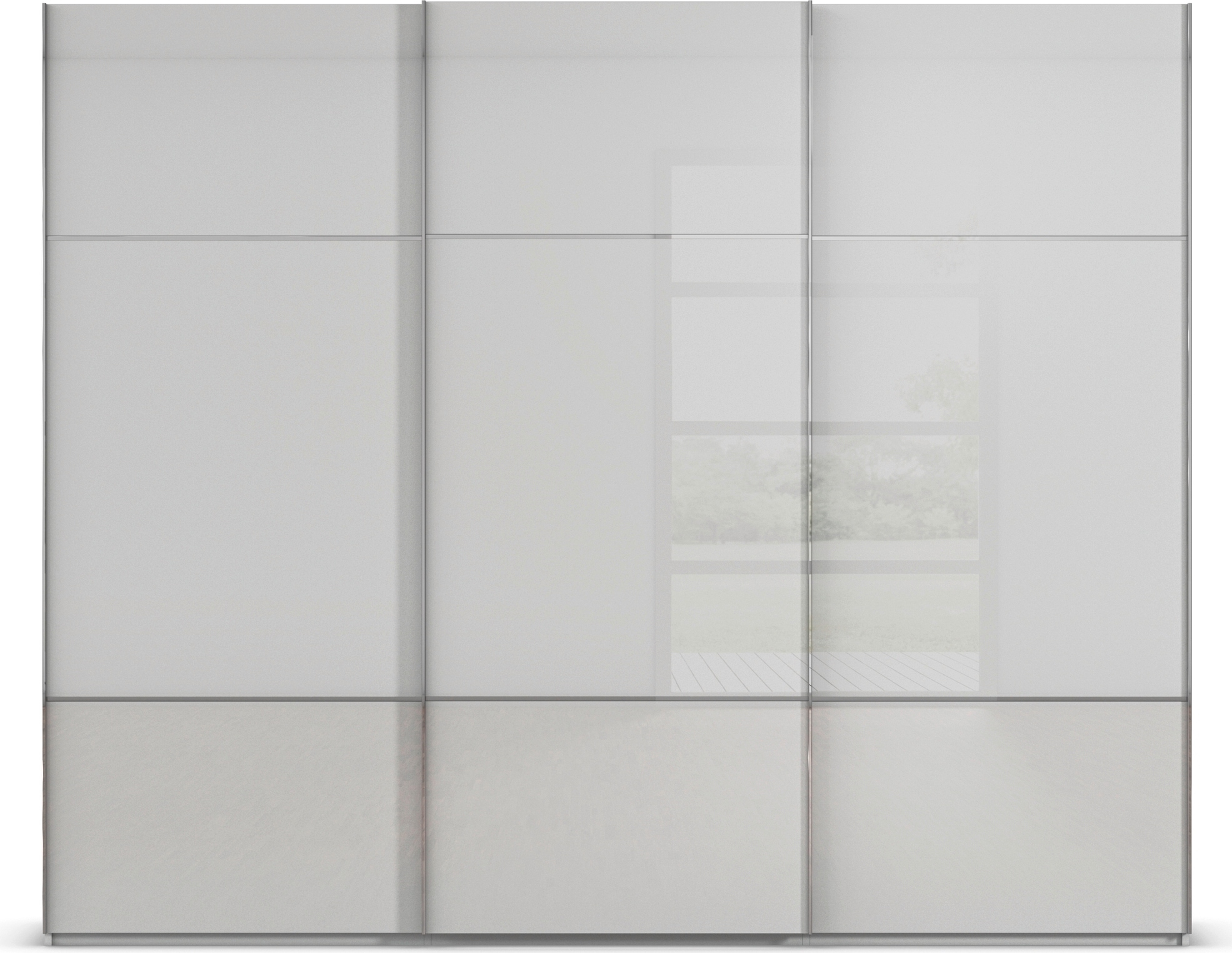 rauch Schwebetürenschrank »Kleiderschrank Schrank Garderobe Schlafzimmerschrank SCALE-TRIO«, edle dreigeteilte Front mit 2 Zierleisten Glasfront MADE IN GERMANY