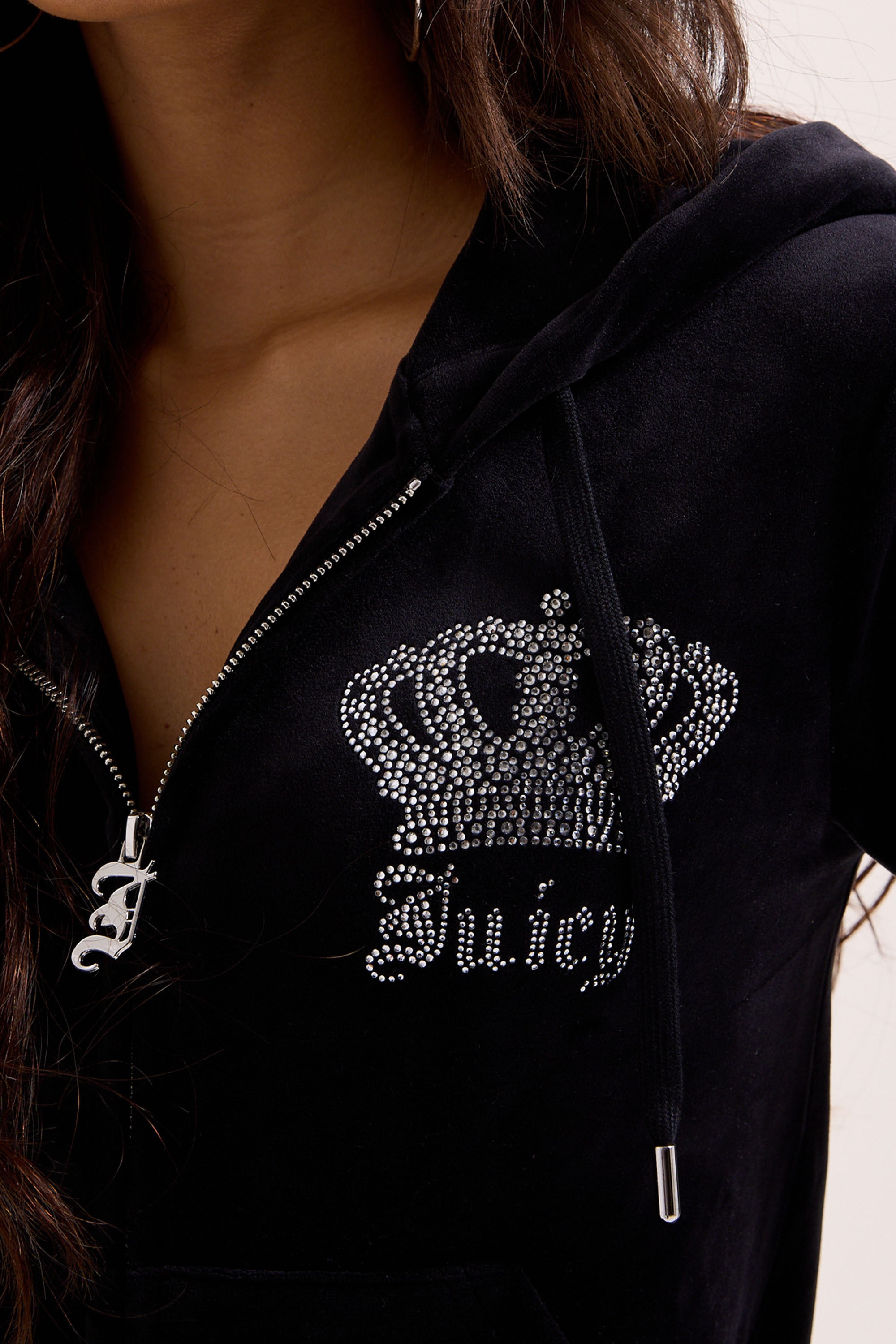 Juicy Couture Kapuzennickijacke »GOTHIC CROWN HOODIE. Damen« mit Kapuze Trainingsjacke Damen, Sweatjacke mit Kapuze, Velour, mit Glitzer, Sale
