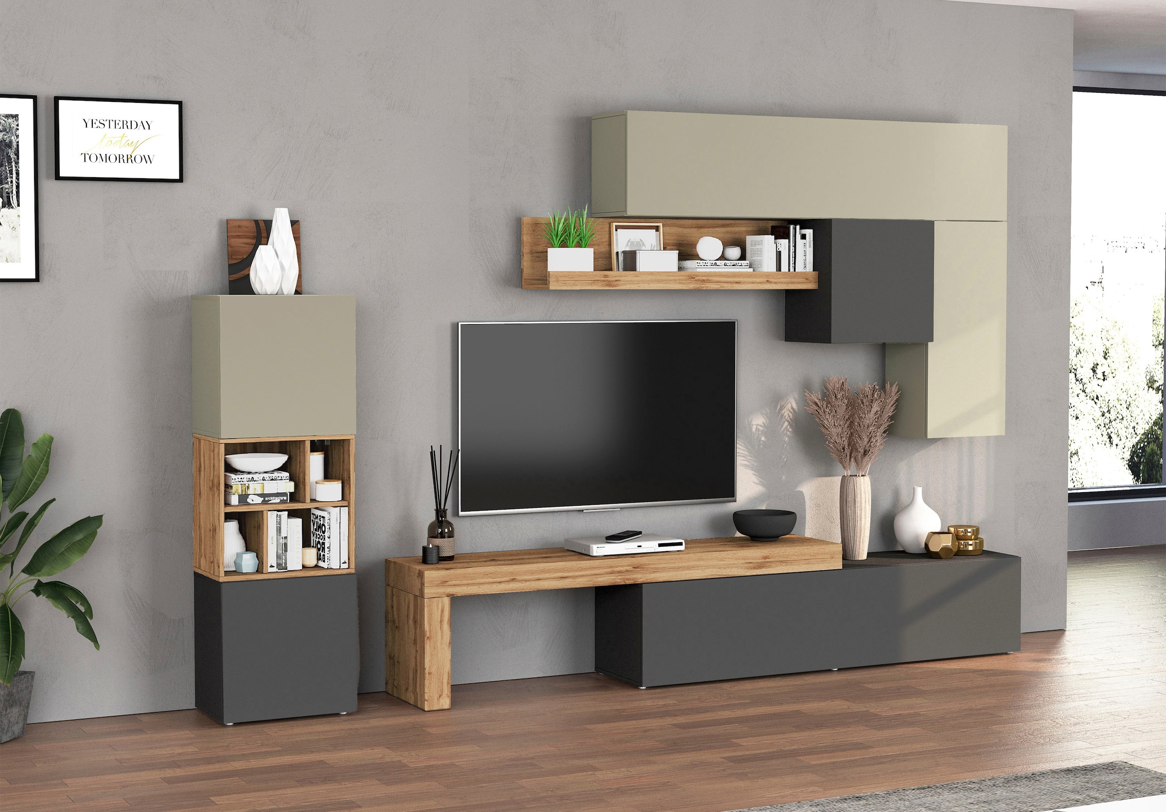 INOSIGN Wohnwand »Chronos Wohnwand, Medienwand, 8-er set«, (Set, 8 St.), ca. 320 cm mit Hängeschränke, Würfel, Regal, Lowboard, Made in Italy