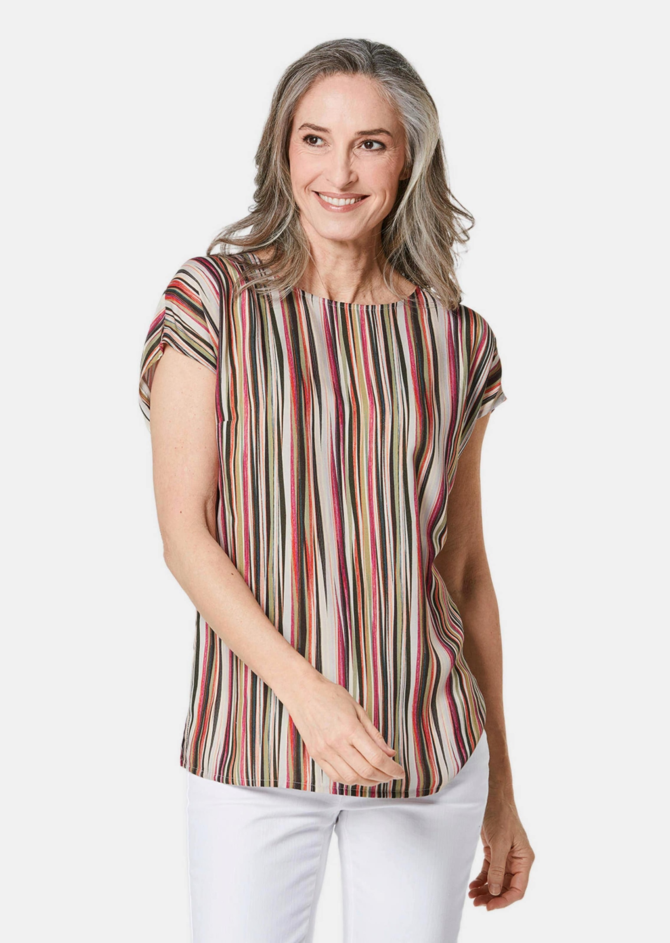 GOLDNER Druckbluse "Kurzgröße Streifenbluse mit Halbarm, überschnittene Sch günstig online kaufen