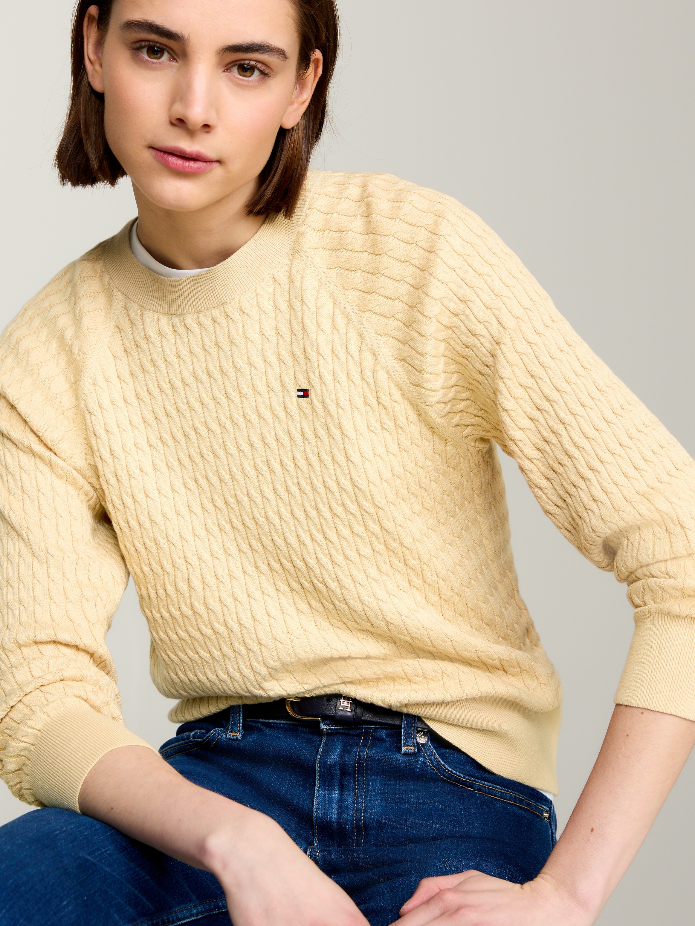 Tommy Hilfiger Rundhalspullover »CO CABLE C-NK SWEATER«, mit Zopfmuster