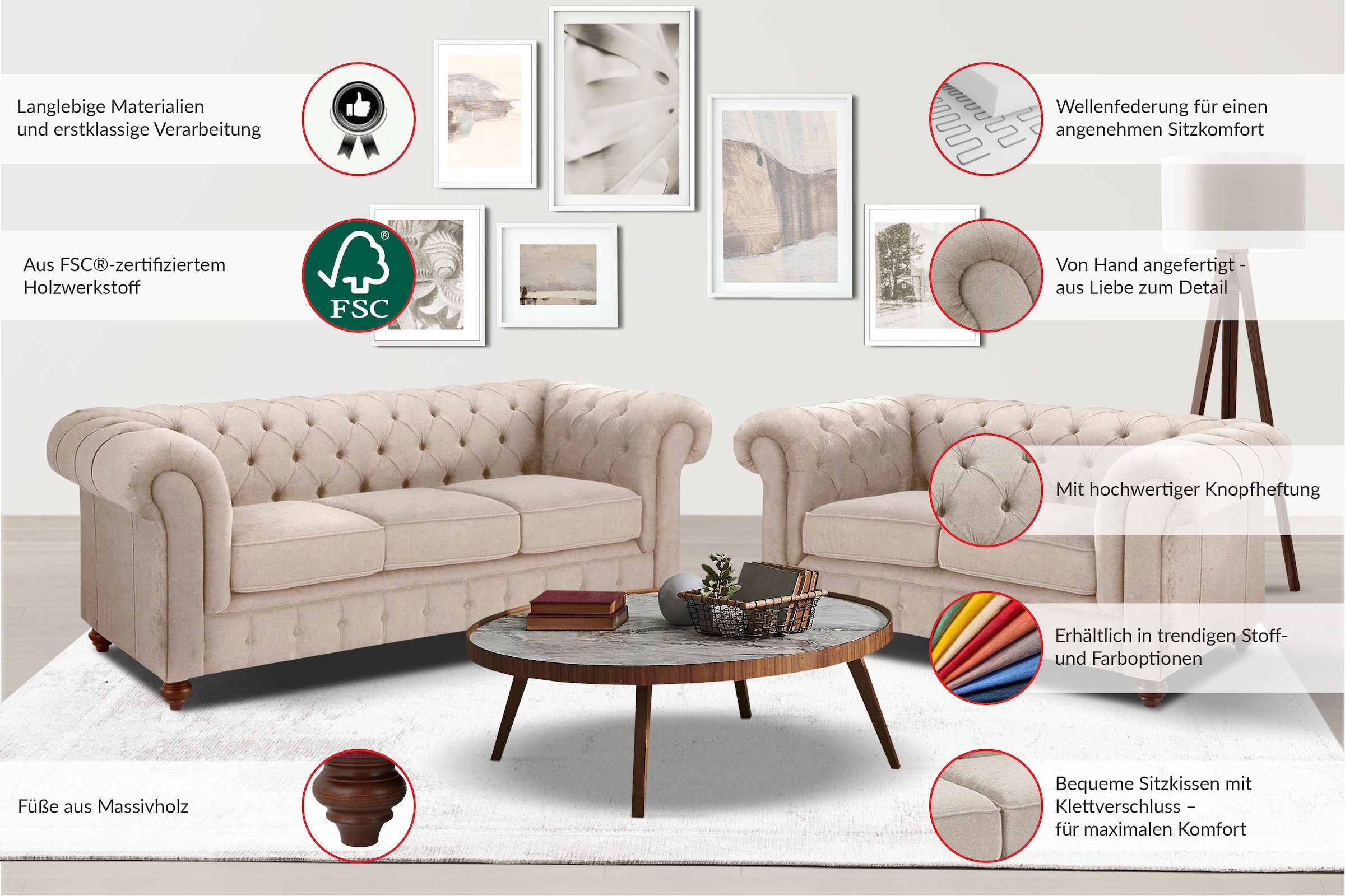 Home affaire Chesterfield-Sofa »Chesterfield 3-Sitzer B/T/H: 198/89/74 cm«, mit hochwertiger Knopfheftung, auch in Leder