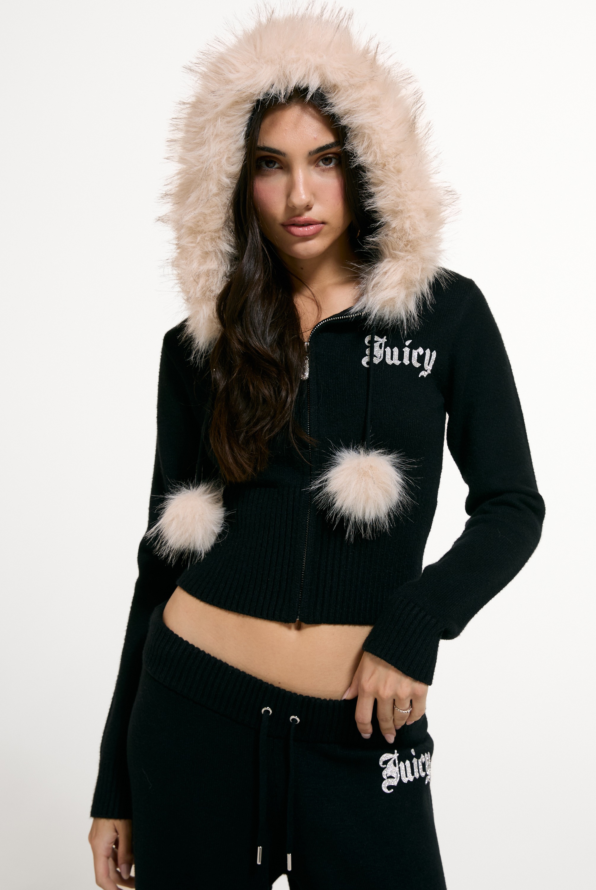Juicy Couture Kapuzennickijacke »KNIT HOODIE WITH REMOVABLE FUR Damen« mit Kapuze Trainingsjacke Damen, Sweatjacke mit Kapuze, Strick, Kunstpelz, Sale