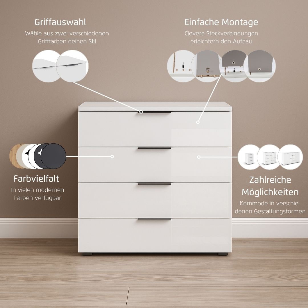 rauch Schubkastenkommode »Sideboard Schubladenkommode Schubladenkommode AGORDO mit Glasfront«, (in zwei Griff-Farben, Breite 80 cm inkl. Soft-Close-Funktion), vier große und geräumige Schubladen mit viel Stauraum MADE IN GERMANY
