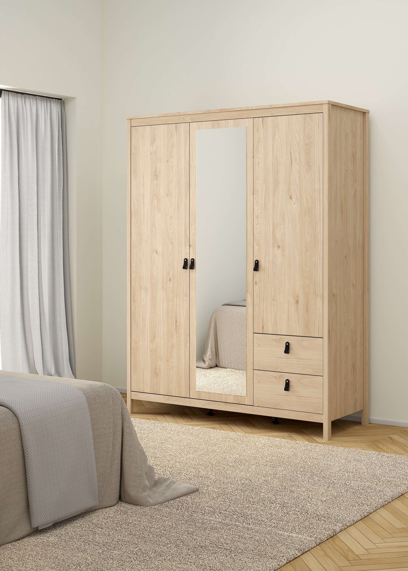 Home affaire Drehtürenschrank "Madrid, Schrank, Kleiderschrank" Skandinavisches Design, Wahlweise Leder- oder Metallgriffe, Spiegel