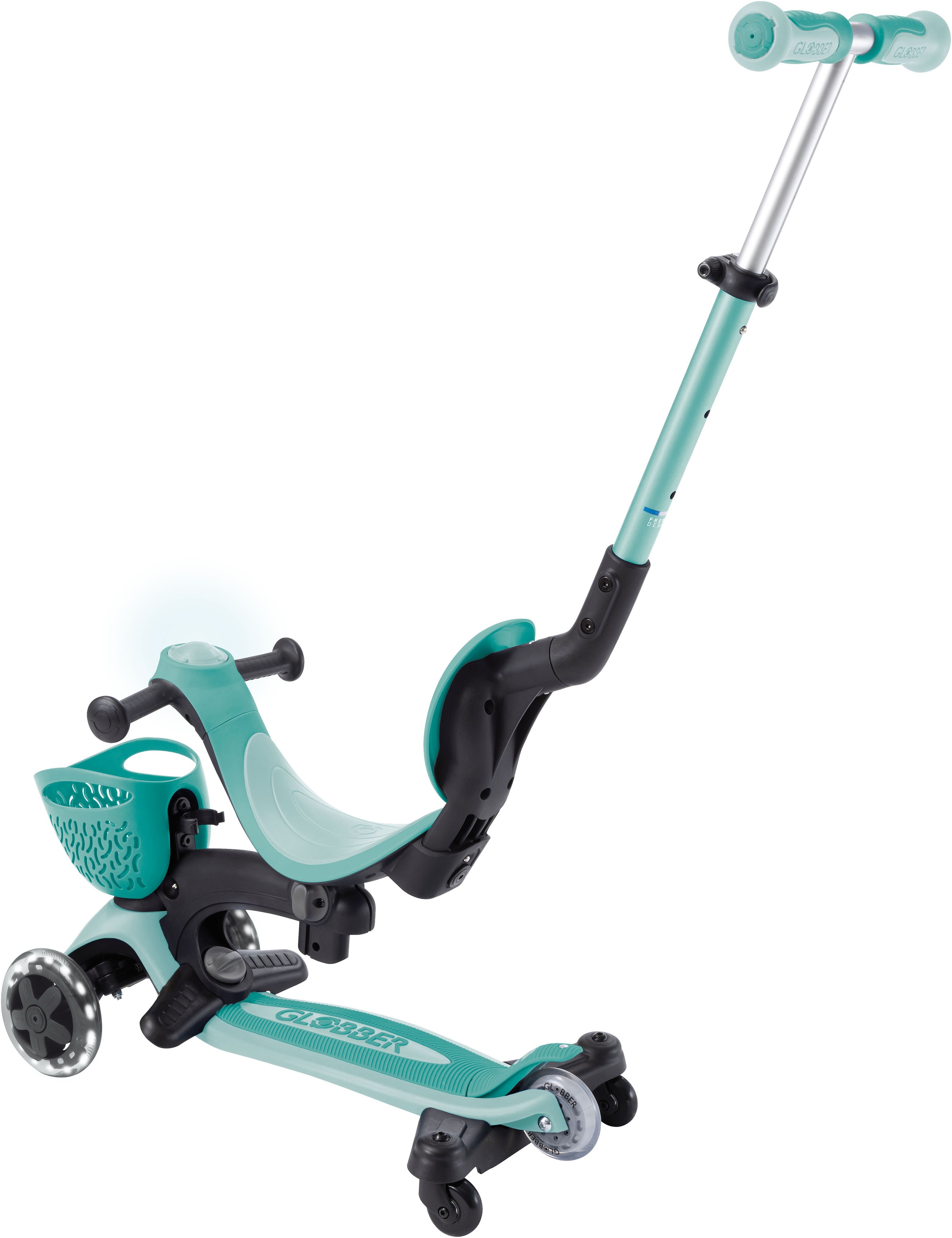 Globber Tretroller »GO-UP BABY 360 LIGHTS, mit Leuchtrollen und Leuchtmodul« Aufsitzrad, Laufrad und Scooter in Einem