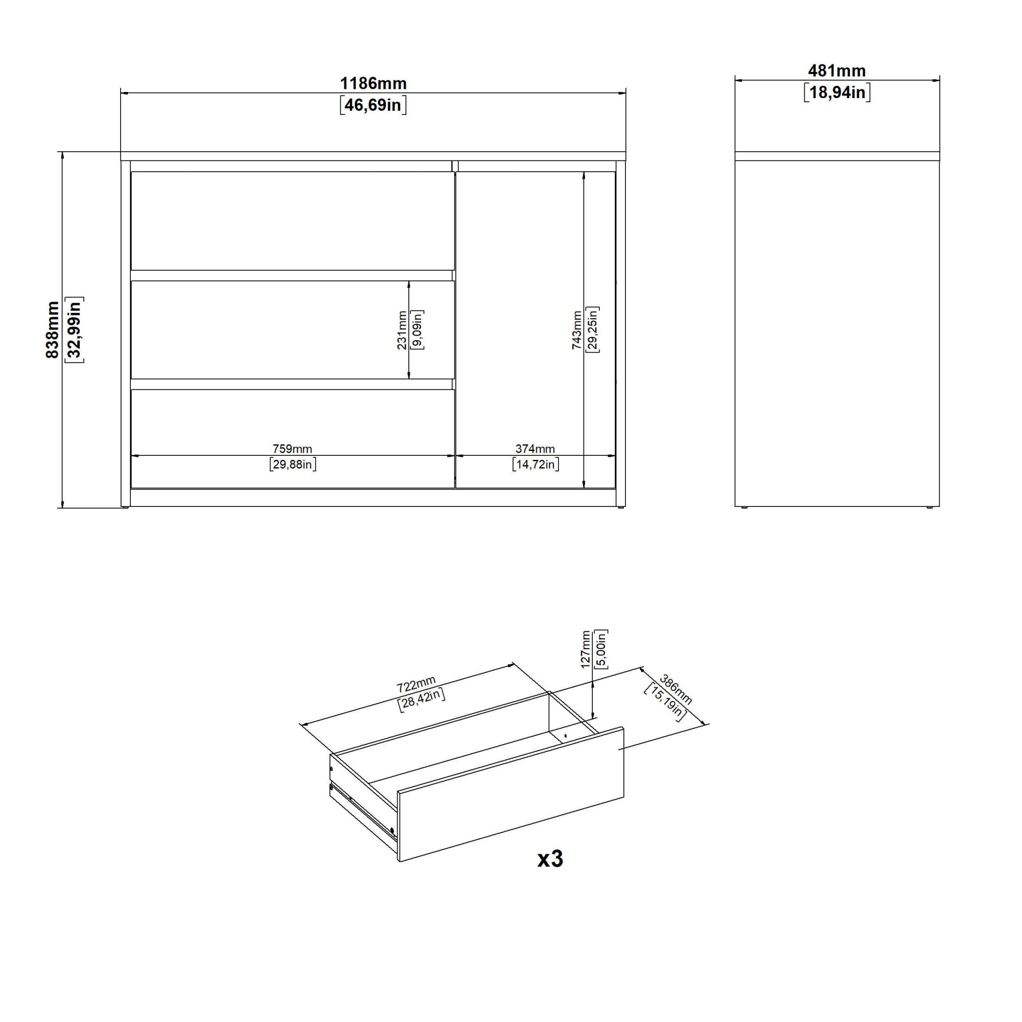 Home affaire Sideboard »Next Sideboard mit 1 Tür und 3 Schubladen« Tiefe Bauweise für mehr Stauraum