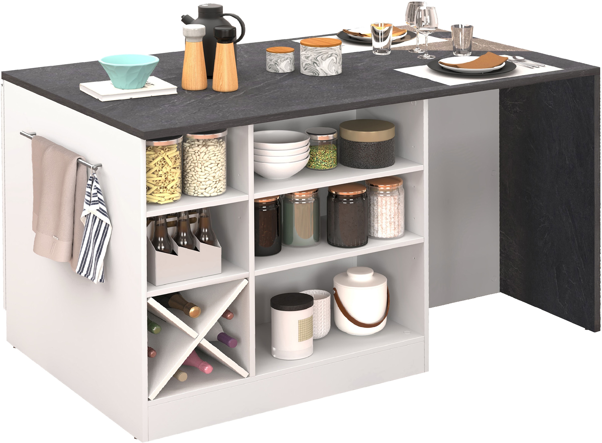 KOCHSTATION Kücheninsel »KS-Sole, Kochinsel, Küchenarbeitsblock, Inselküche, Arbeitsinsel« Breite 152,5 cm, mit Essplatz, Handtuchhalter, Fächer und Weinregal