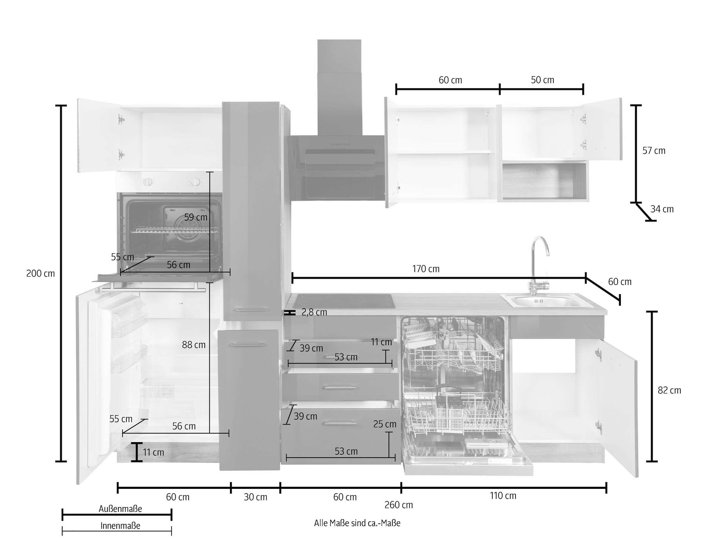 KOCHSTATION Küchenzeile »KS-Haiti«, mit E-Geräten, Breite 260 cm