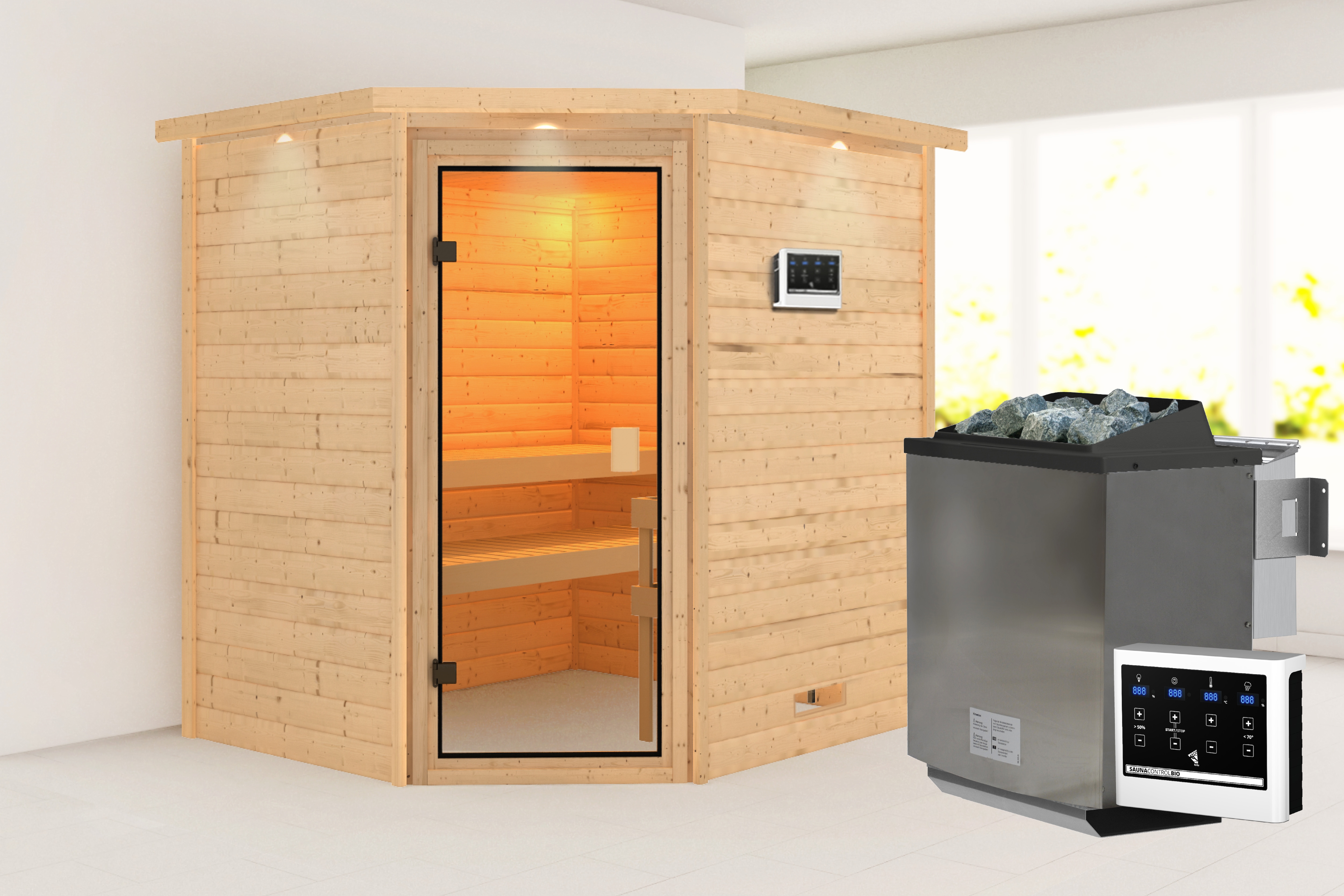 Karibu Sauna ""Trixi" mit bronzierter Tür und Kranz, naturbelassen" aus hochwertiger nordischer Fichte