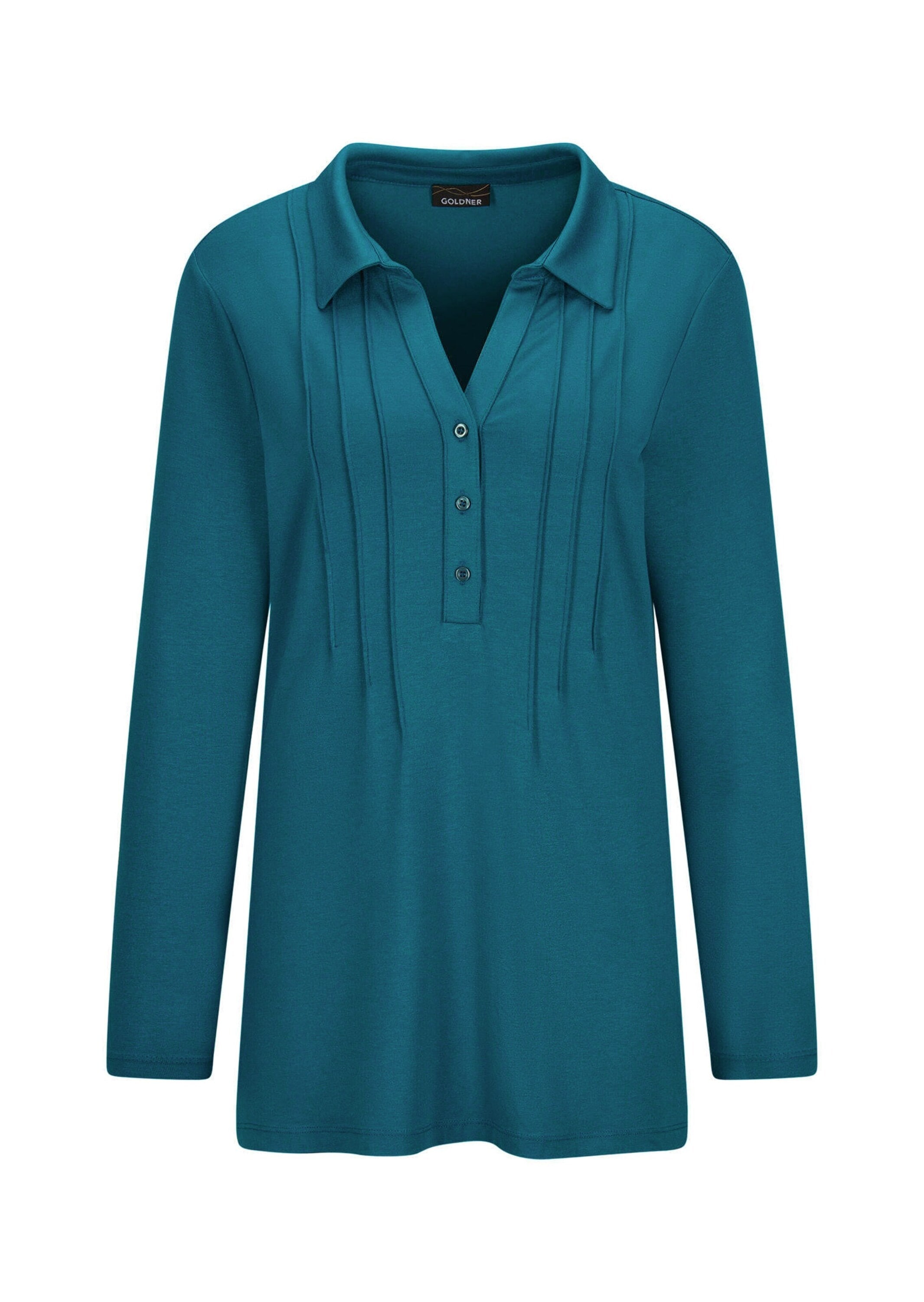 GOLDNER Langarmshirt "Kurzgröße Halbarm Blusenshirt mit Hemdkragen" Biesen