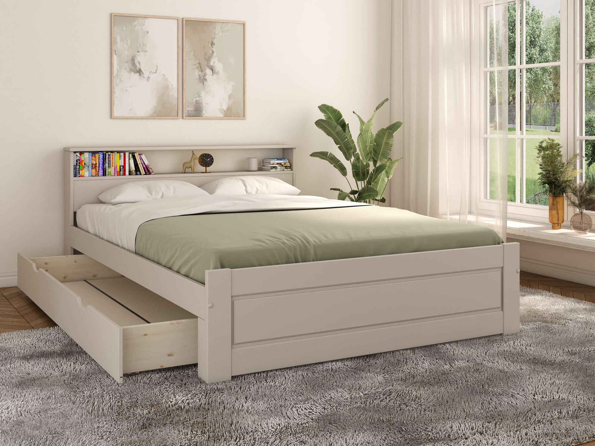 OTTO home Massivholzbett »FLAVION, TOPSELLER! Jugendbett, FSC® zertifizierte massive Kiefer« Breite: 90, 140, 180,  Qualitätsprodukt, Regal, Kassettenoptik, Schublade optional