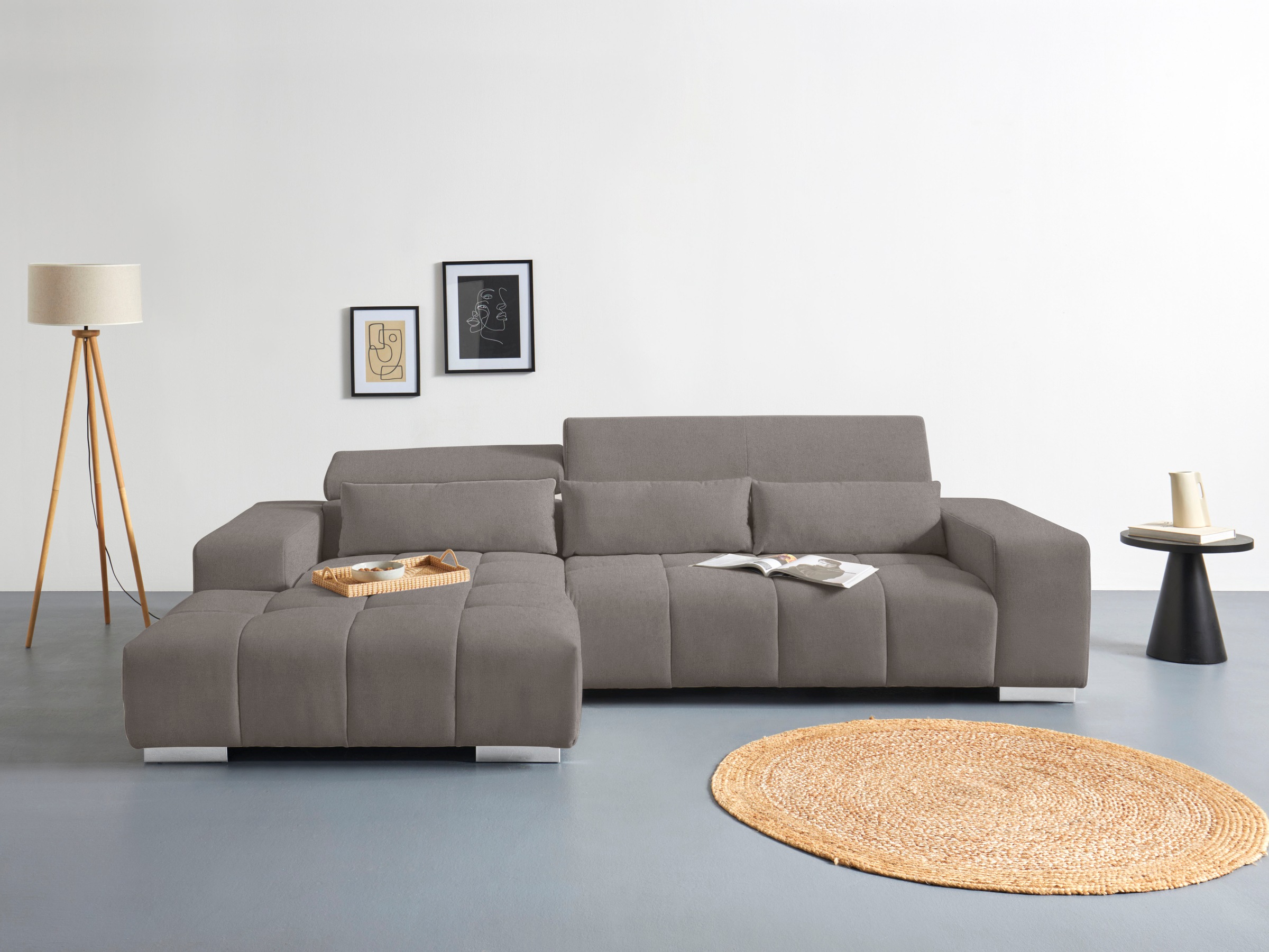 COTTA Ecksofa "Orion L-Form, B: 307 cm, moderne Steppung, bequeme Wellenunterfederung" 2x Kopfteilverstellung & 3 Nierenkissen