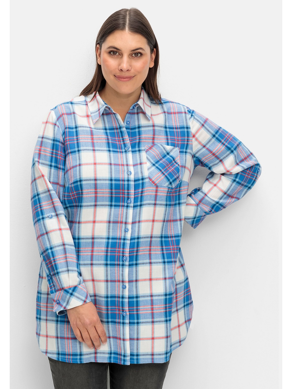 Sheego Longbluse "Große Größen", aus Baumwoll-Flanell, mit Krempelärmeln