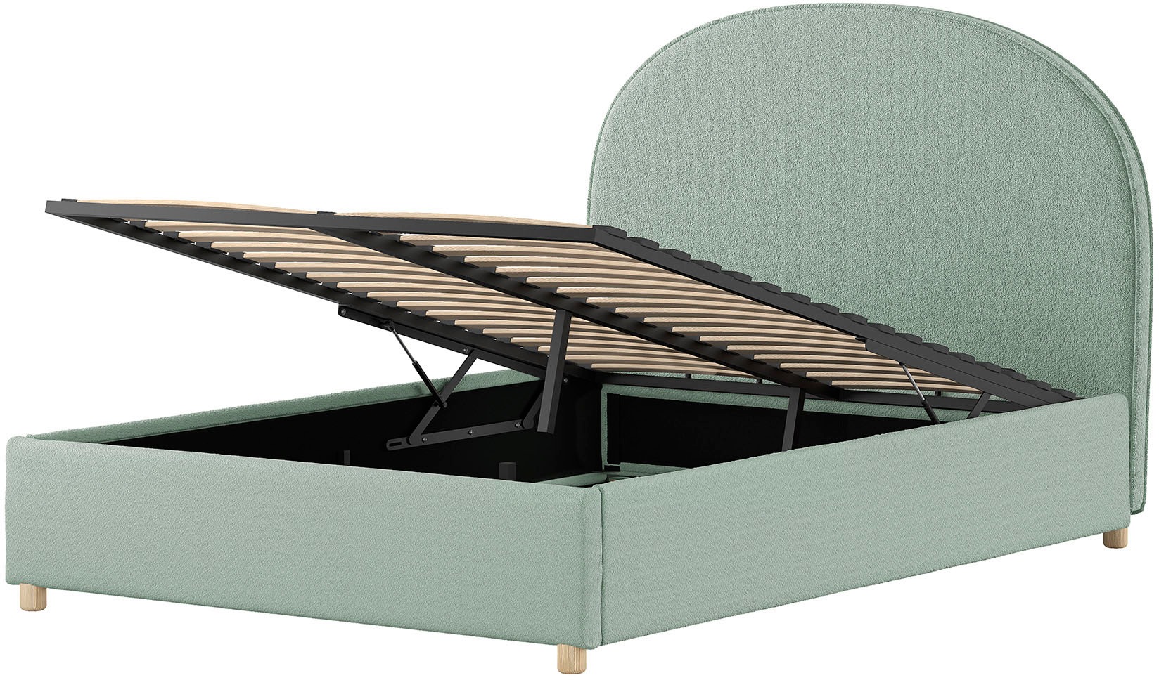 Vipack Boxbett »Moon, mit Lattenrost und Stauraum, modernes Design«, (gerundetes Kopfteil und in 2 Breiten erhältlich), inkl. Massivholz Füßen in natur, 3 Stoff Farben zur Auswahl