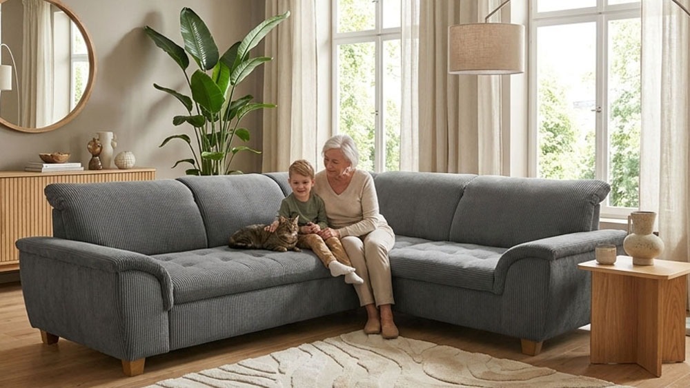 OTTO home "Eggery 279 x 170 cm, auch mit Schlaffunktion & Bettkasten, Holzfüße" Kopfteile verstellbar, L-Form, aus Pet Friendly Cord