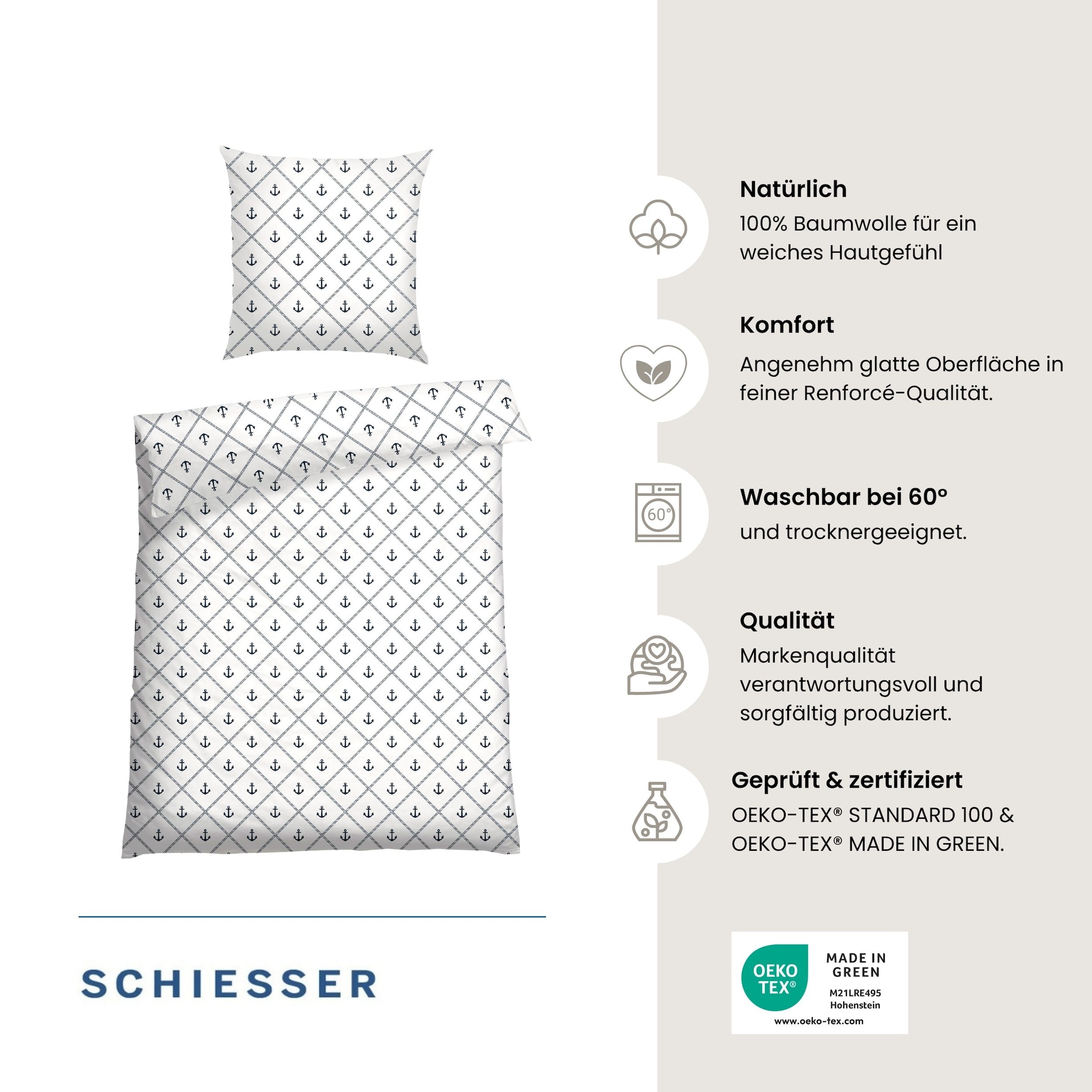 Schiesser Bettwäsche »Nola aus weicher Baumwolle in martitimem Look« 2 Stk. OEKO-TEX® MADE IN GREEN