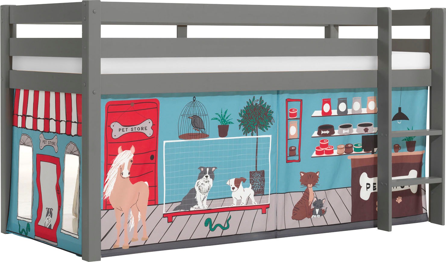 Vipack Spielbett »Vipack Pino«, (Made in Europe), mit Textil-Set, inkl. Rolllattenrost, in Natur, Weiß oder Grau