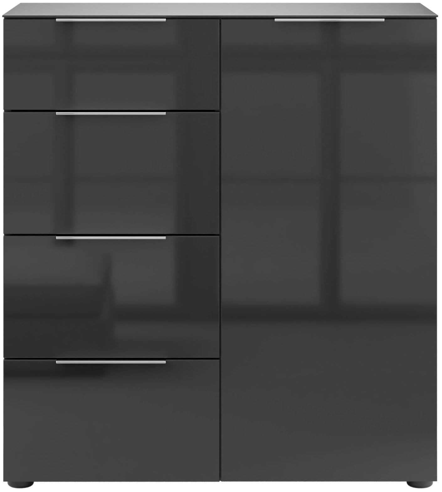 Manjana Möbel Highboard "mit Chrom oder Schwarz matten Metallgriffen & Glasfront, Soft-Close" melaminbeschichteter Korpus, mit Vollauszug, Made in Germany