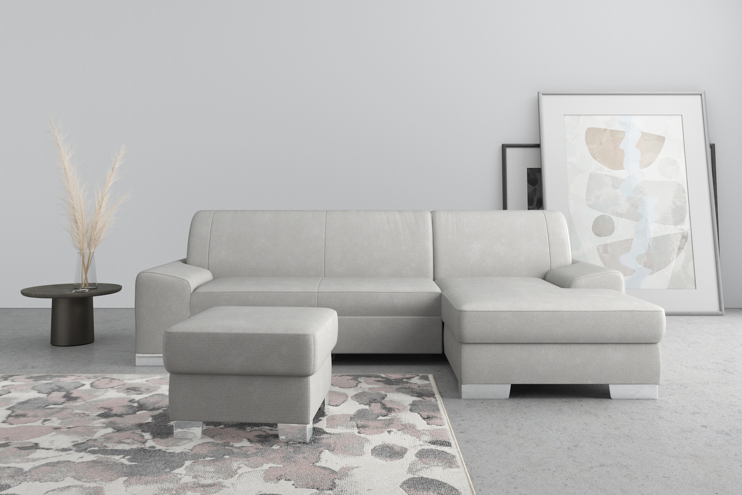 DOMO collection Ecksofa "Anzio L-Form, whlw. Bettfunktion, Federkern, hochwertig, Breite 271 cm" Ohne Bettfunktion, Recamiere rechts, Chenille-Struktur, hellgrau