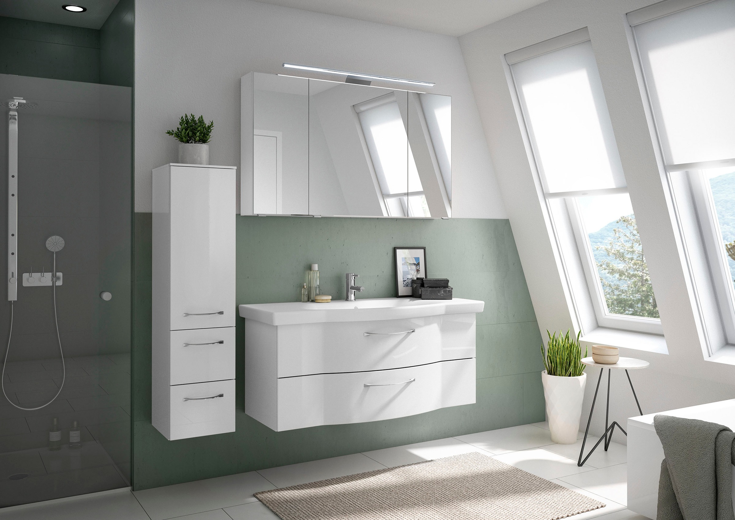 Saphir Badmöbel-Set »6005 Sprint 3-teilig, Keramik-Waschtisch mit LED-Spiegelschrank«, (4 St.), Midischrank, inkl. Türdämpfer, 4 Türen, 4 Schubladen, Bad-Set
