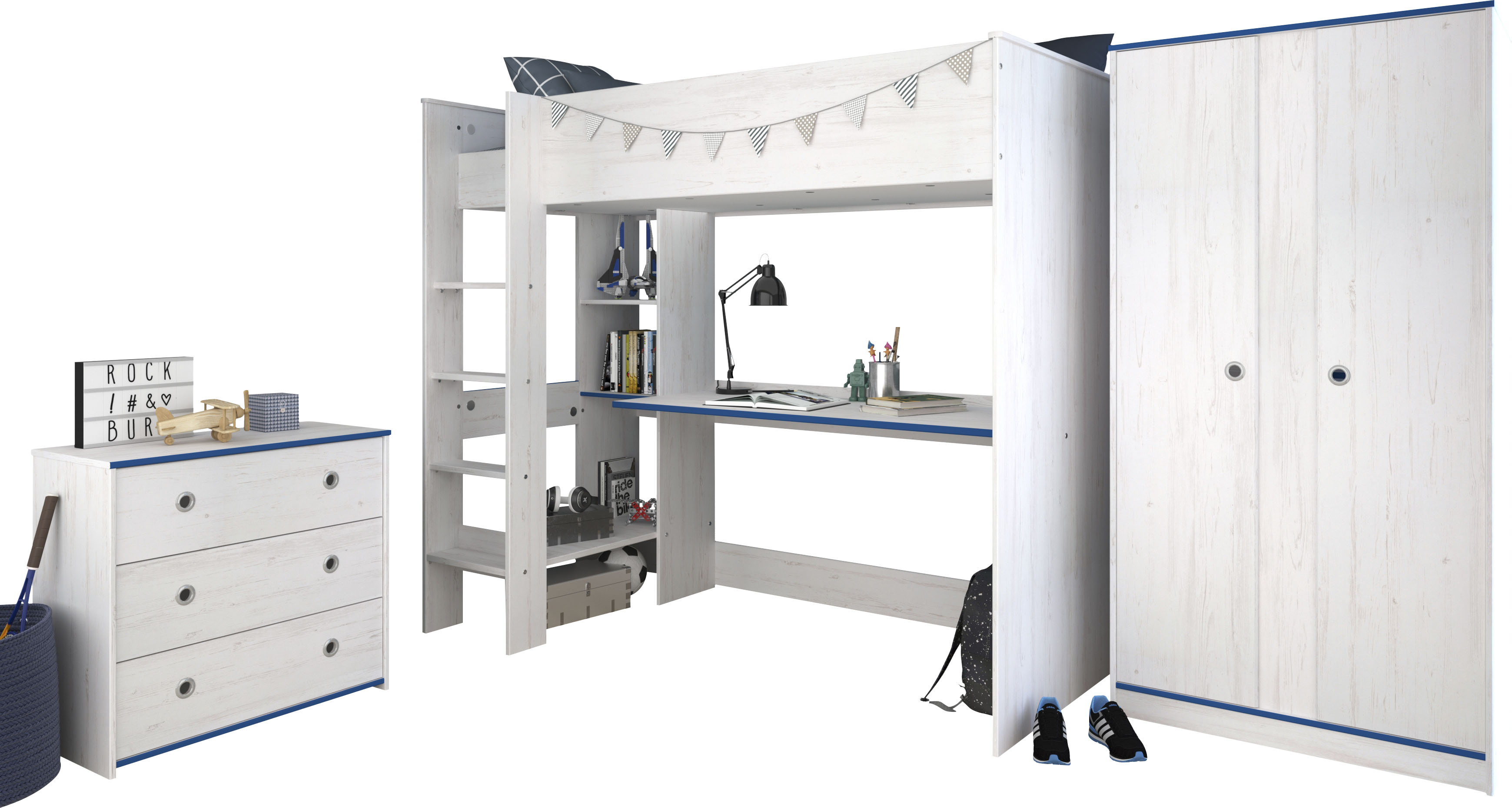 Thumbnail - Parisot Jugendzimmer-Set "Smoozy" Set, Hochbett mit Schreibtisch, Kleiderschrank und Schubkastenkommode, 3 Stk. tlg.