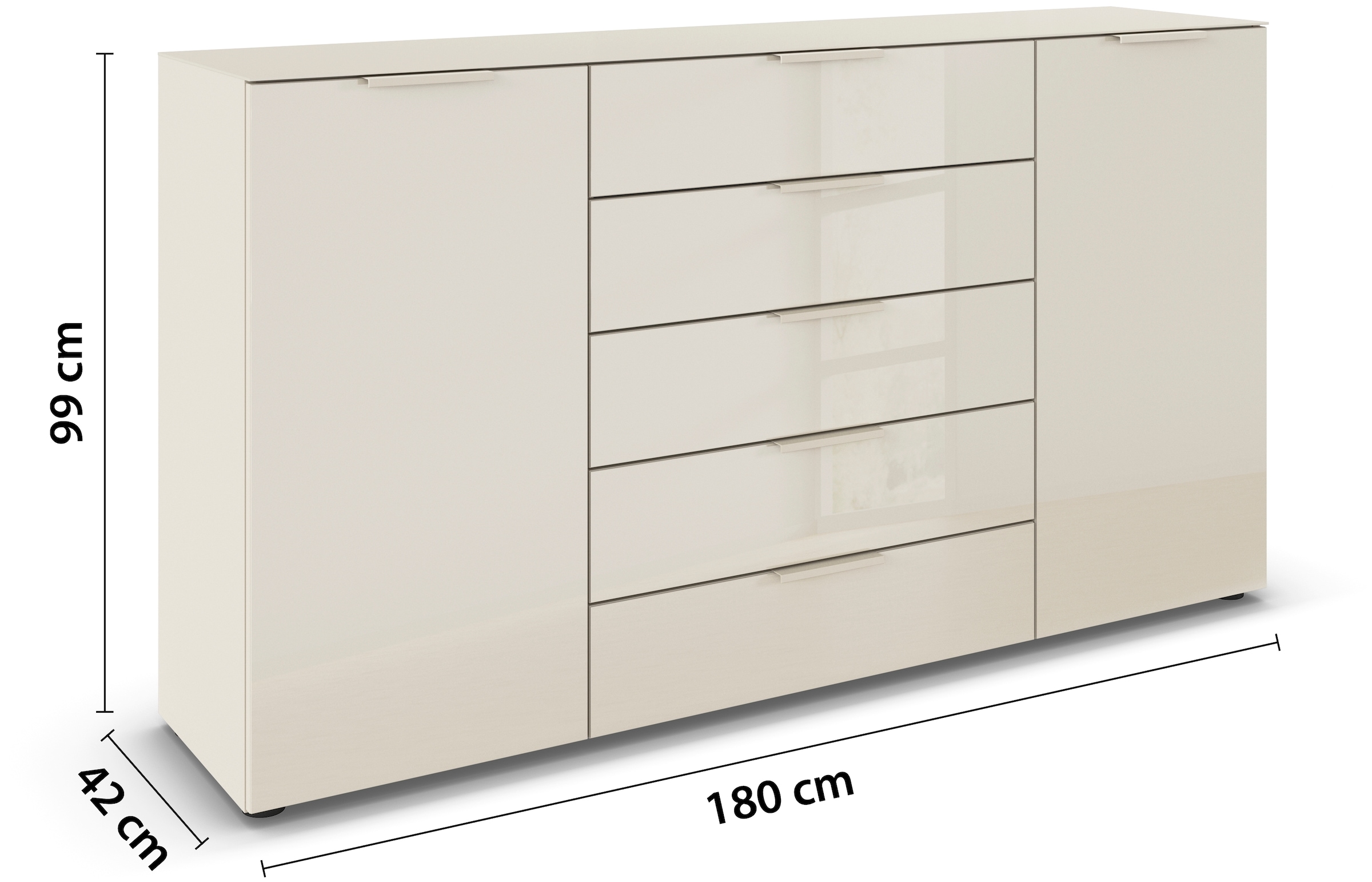 rauch Schubkastenkommode »Kommode Türkommode Sideboard Kombikommode FLIPP mit Glasfront«, (Breite 160/180 cm mit 4 Einlegeböden), 2-türig, 5 Schubladen, Soft-Close, Oberboden und Front Glas, 2 Breiten
