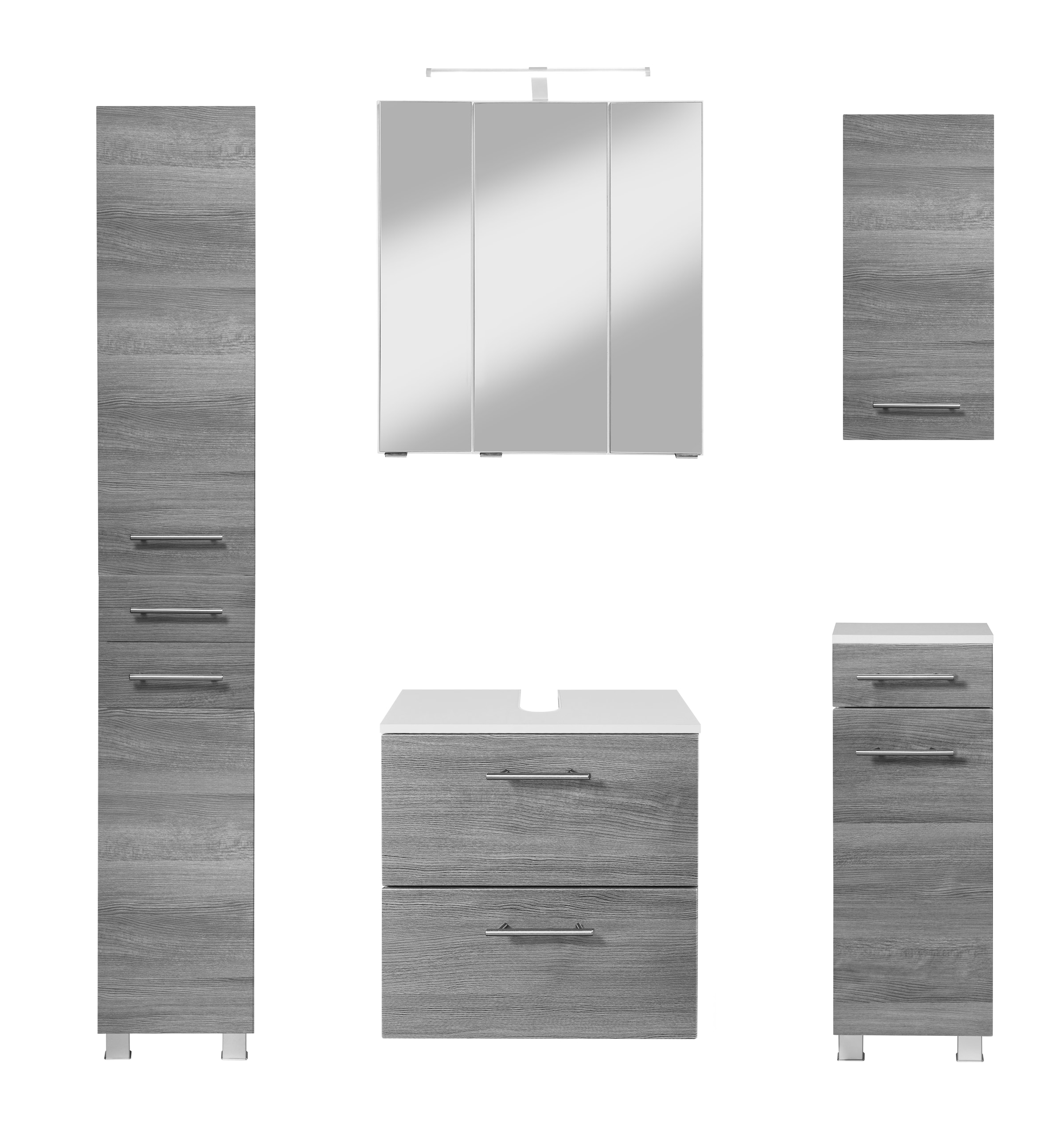 HELD MÖBEL Badmöbel-Set »"Trento", Badezimmer-Set, Hängeschrank, Unterschrank, Hochschrank«, (5 St.), Waschbeckenunterschrank, Spiegelschrank inkl. Aufbauleuchte