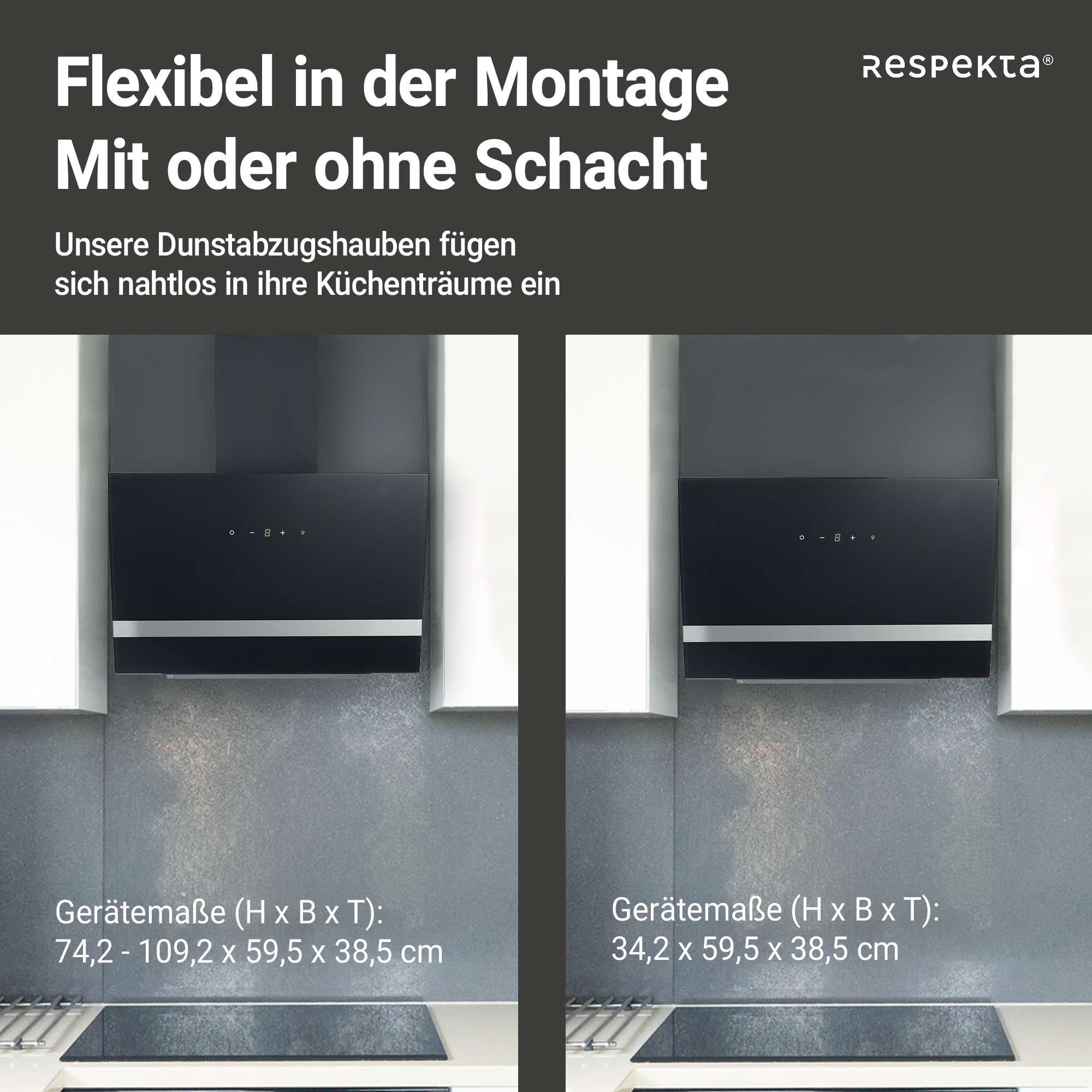RESPEKTA Kopffreihaube »CH 24060 SAM«, 60 cm, 3 Leistungsstufen, LED-Beleuchtung, Ab- und Umluftfähig
