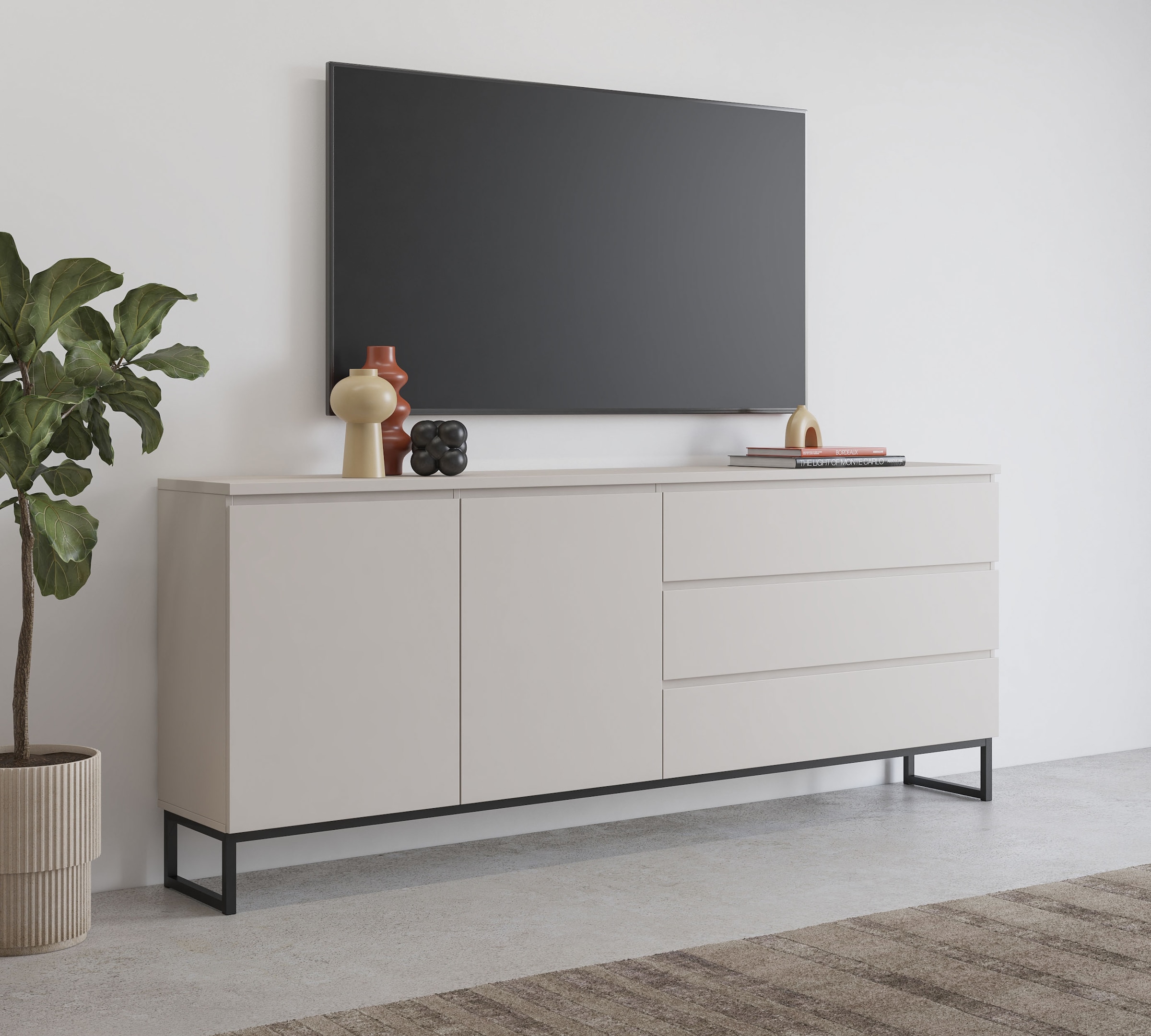 OTTO home Sideboard "Modo II, Breite 200 cm, moderne grifflose Kommode 2Türen/3 SK" Schubladenkommode viel Stauraum, Einlegeböden verstellbar, Metallkufen