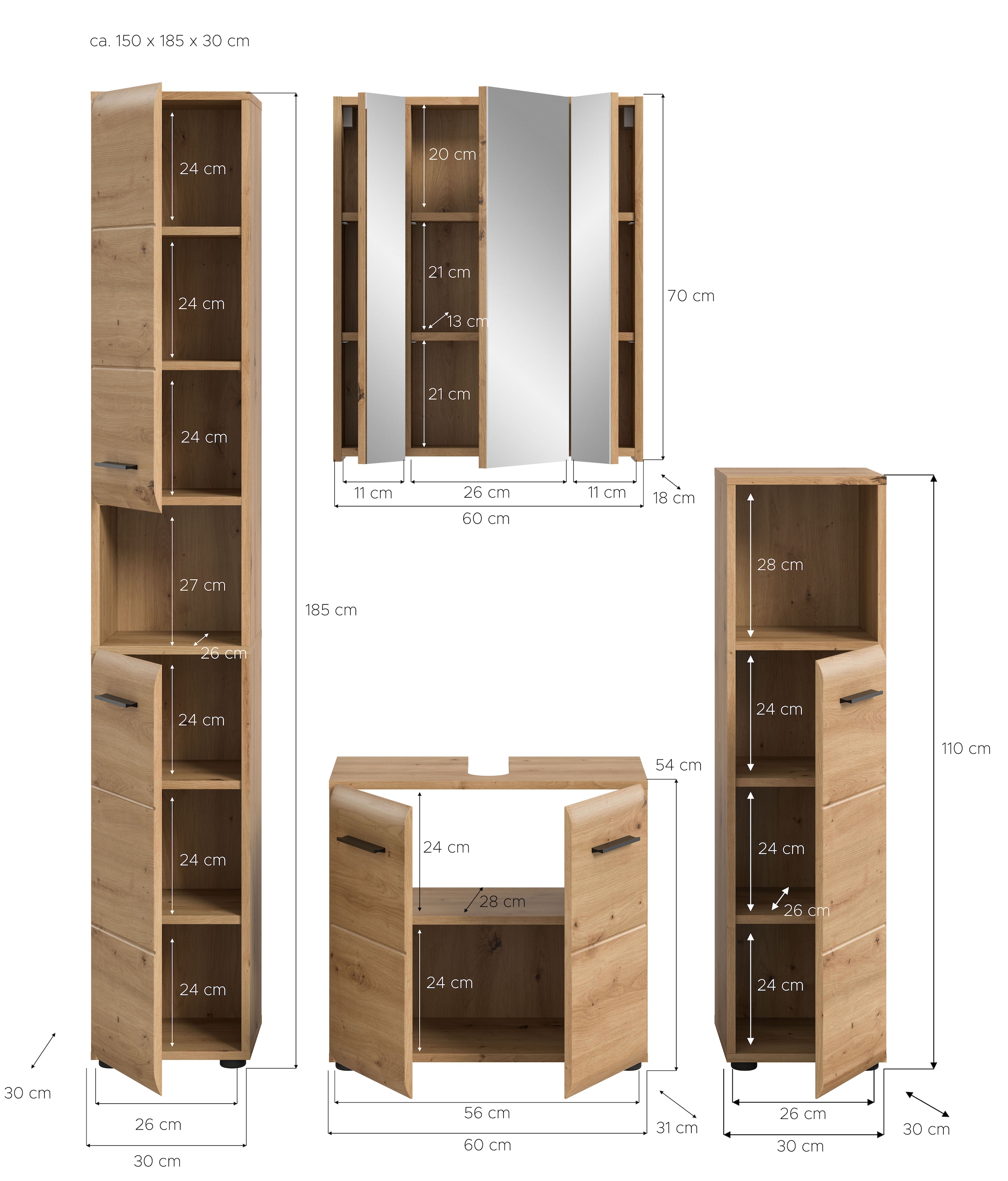 INOSIGN Badezimmer-Set, (Set, 4 St.), Florenz, Badkombination 4-tlg. Artisan Oak, Hochschrank
