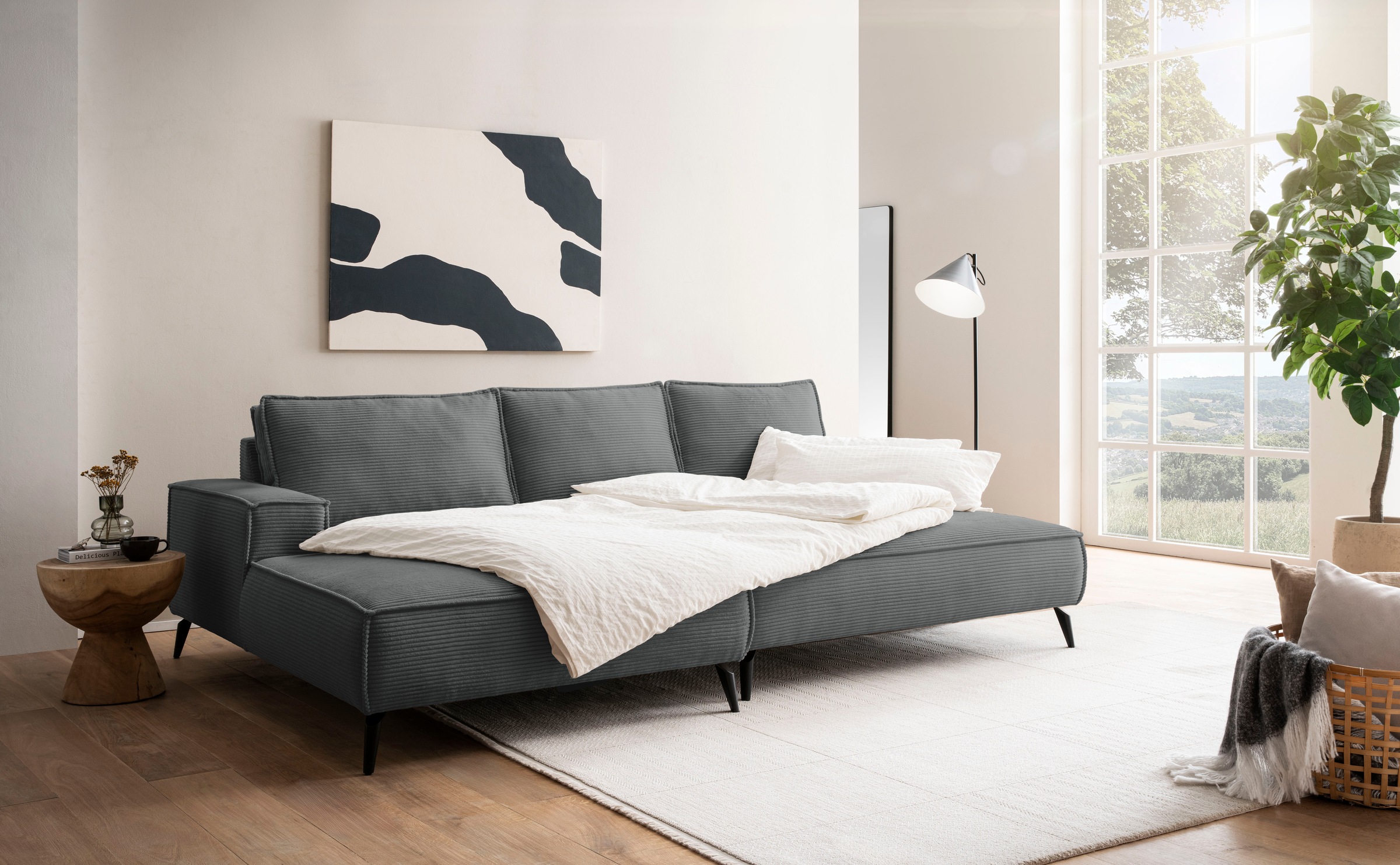 andas Ecksofa »TVINNU, L-Form in Cord, Sofa«, wahlweise Ottomane rechts/links, schwarze Füße, bequemer Sitzkomfort